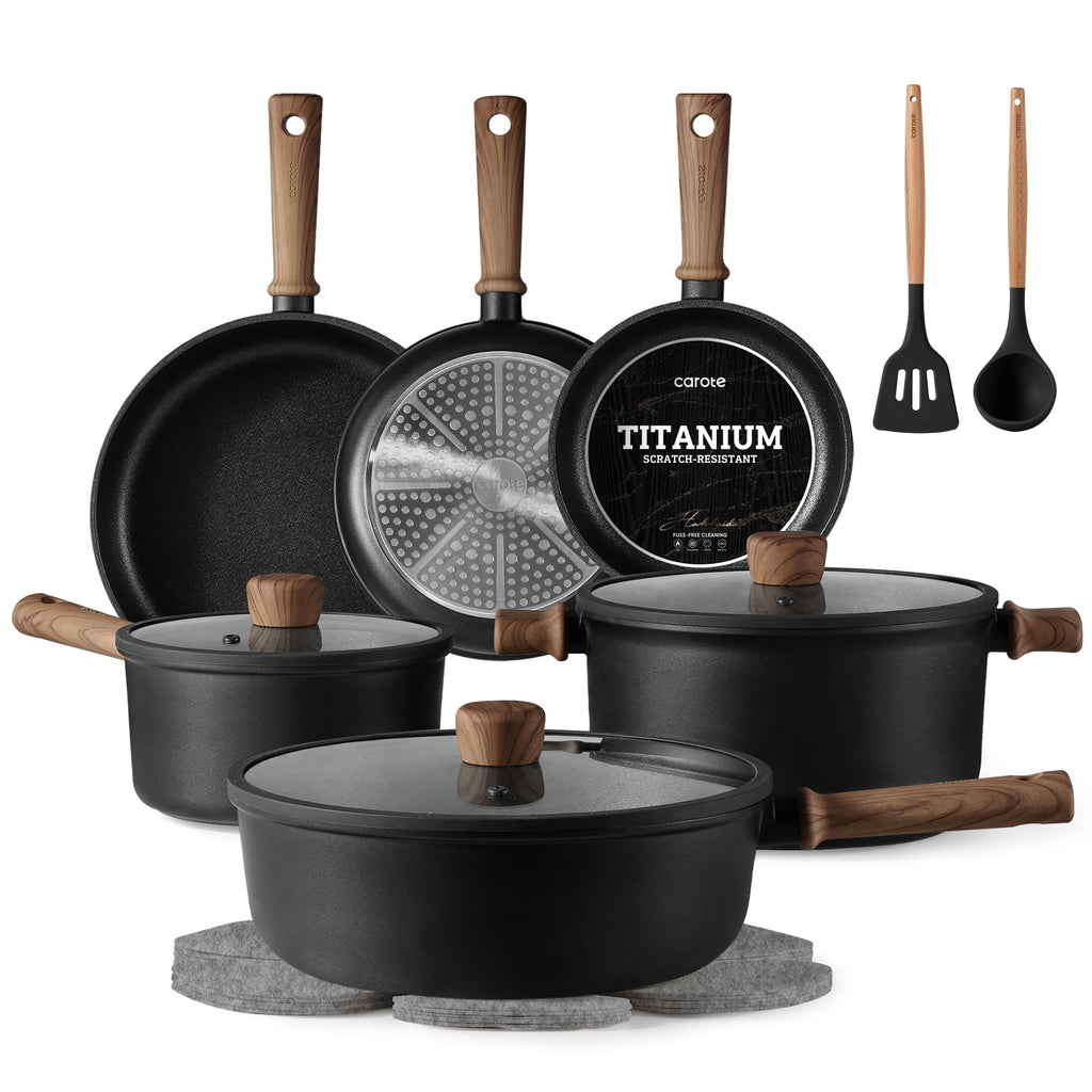 Nonstick Pots and Pans, Induction Titanium Cookware Set 16pcs Kitchen Cooking Sets, Pot and Pan Non Stick w/Frying pan (PFOS, PFOA Free)
