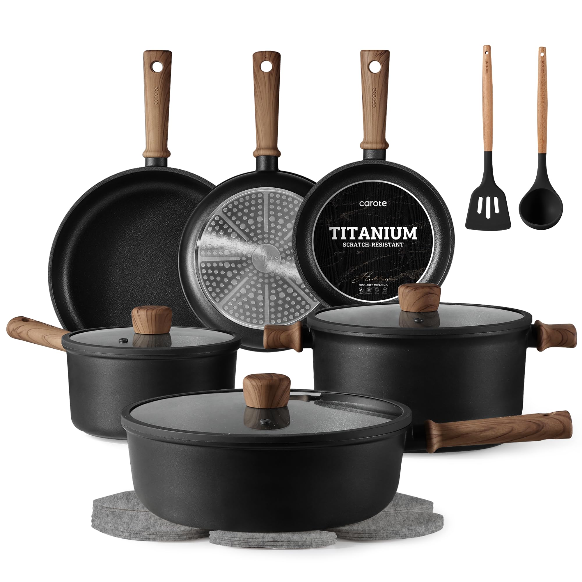 Nonstick Pots and Pans, Induction Titanium Cookware Set 16pcs Kitchen Cooking Sets, Pot and Pan Non Stick w/Frying pan (PFOS, PFOA Free)