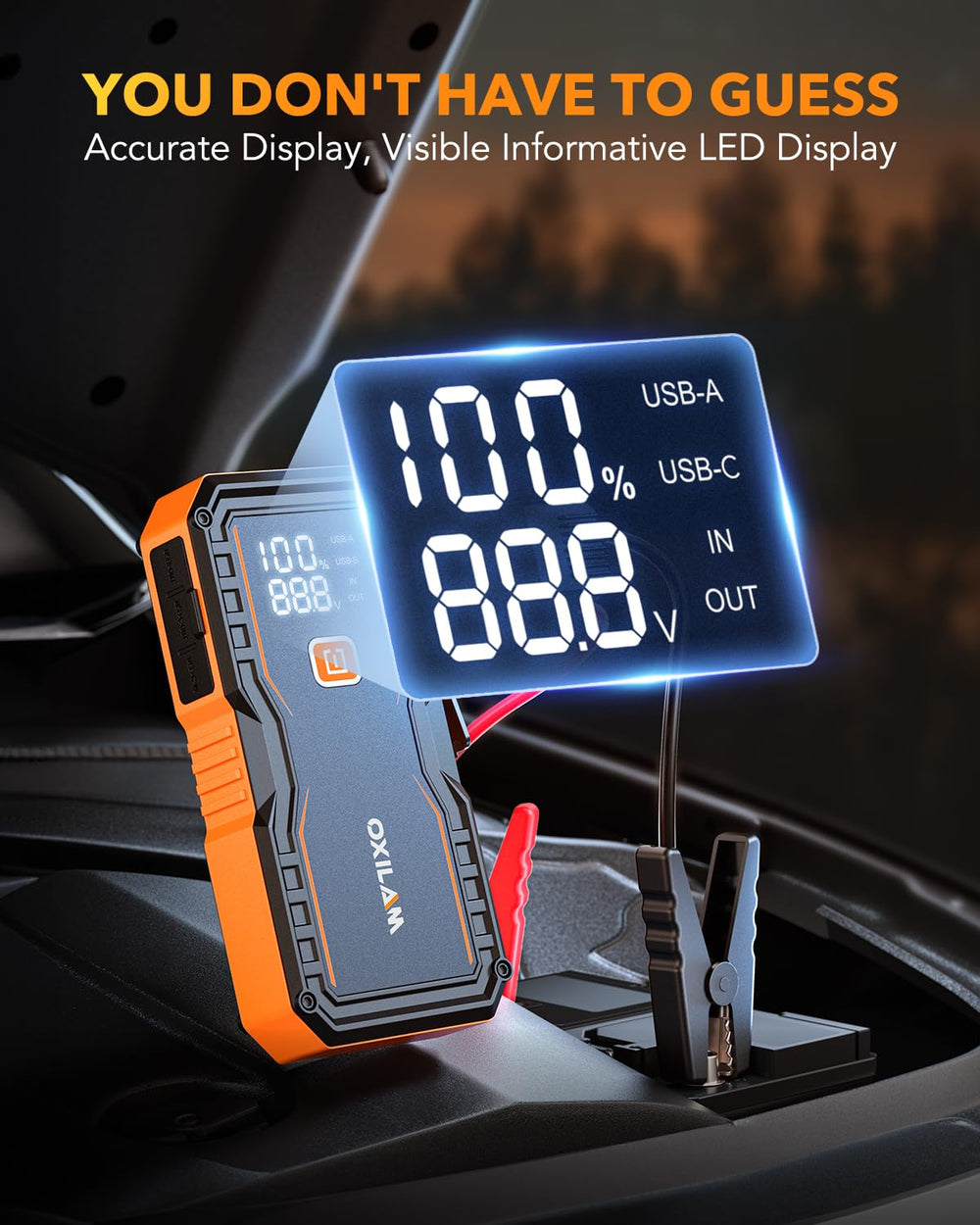 Jump Starter 6000A for All Gas/12L Diesel, Car Battery Jumper Starter Portable, 12V Lithium Jump Box with Jumper Cables, LED Display, LED Light, Power Bank with USB, Type C Port