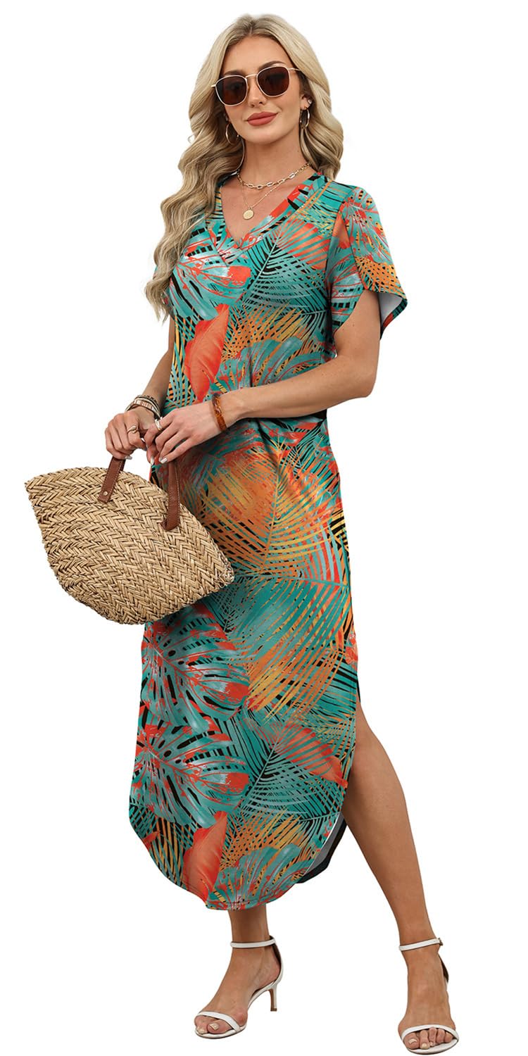 Dresses for Women Summer Outfits Maxi Dresses Short Sleeve T Shirt Dress Beach Vacation Clothes Resort Wear Hawaiian Dresses Midi Dress with Pockets Elegant Sundress Casual Loose Fashion XL