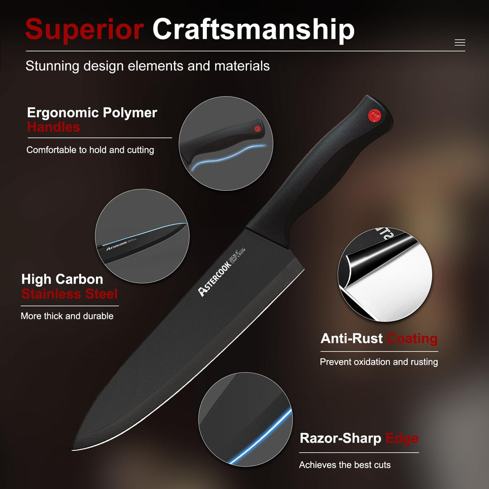 Knife Set, Astercook 15 Pieces Knife Sets for Kitchen with Block, Dishwasher Safe Kitchen Knife Set with Built in Sharpener Block, German Stainless Steel Kitchen Utensils Set