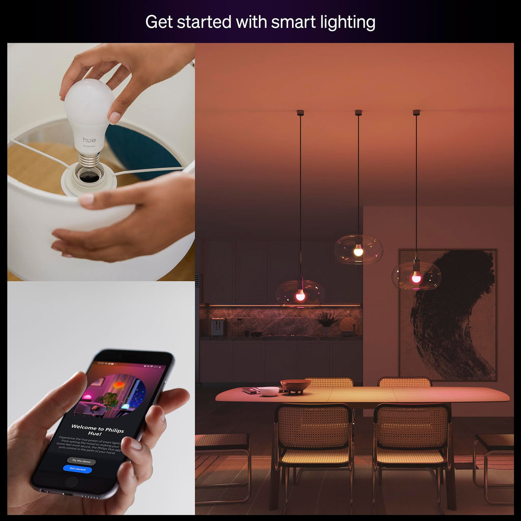 Philips Hue Essential Smart LED A19 Bulb, White and Color Ambiance, E26 Base, 8.8W, 2200K-6500K, 800 Lumens, Dimmable, Works with Alexa, Google, and Apple Home, 1-Pack