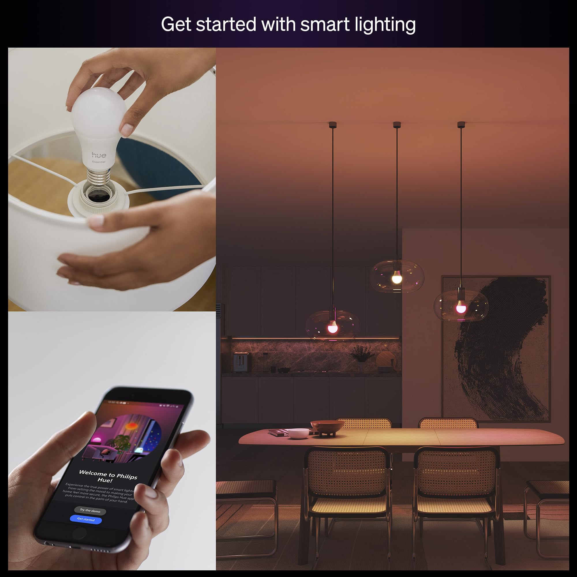 Philips Hue Essential Smart LED A19 Bulb, White and Color Ambiance, E26 Base, 8.8W, 2200K-6500K, 800 Lumens, Dimmable, Works with Alexa, Google, and Apple Home, 1-Pack