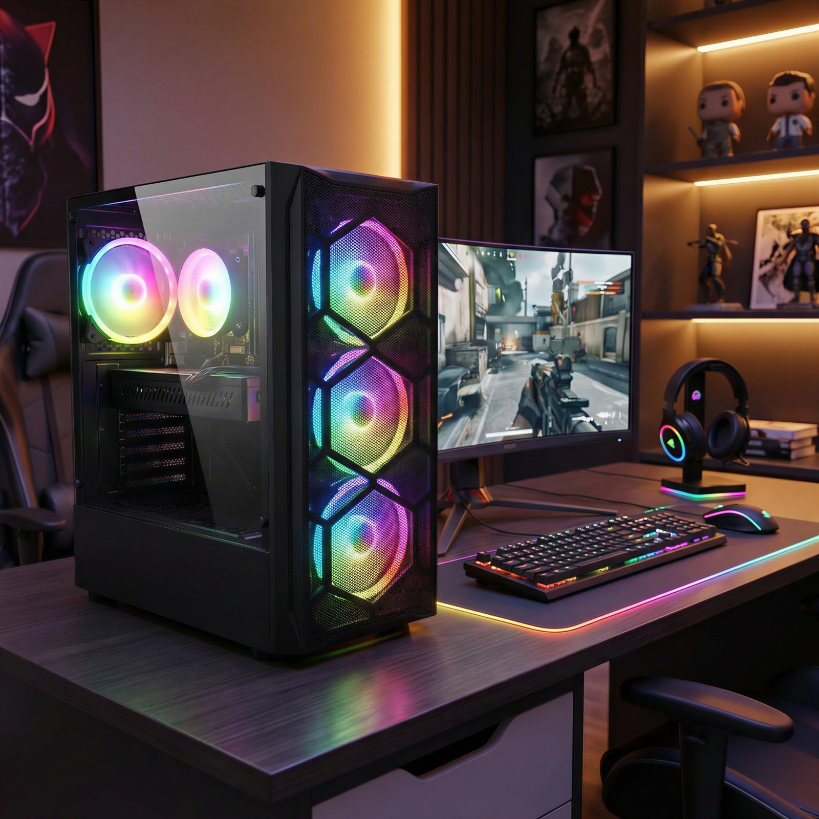 Gaming PC Desktop Computer, Intel Core i7 up to 3.9GHz, Radeon RX 580 8G, 16G RAM, 512G SSD, WiFi 6, BT 5.0, RGB Fan x4, Windows 11 Home