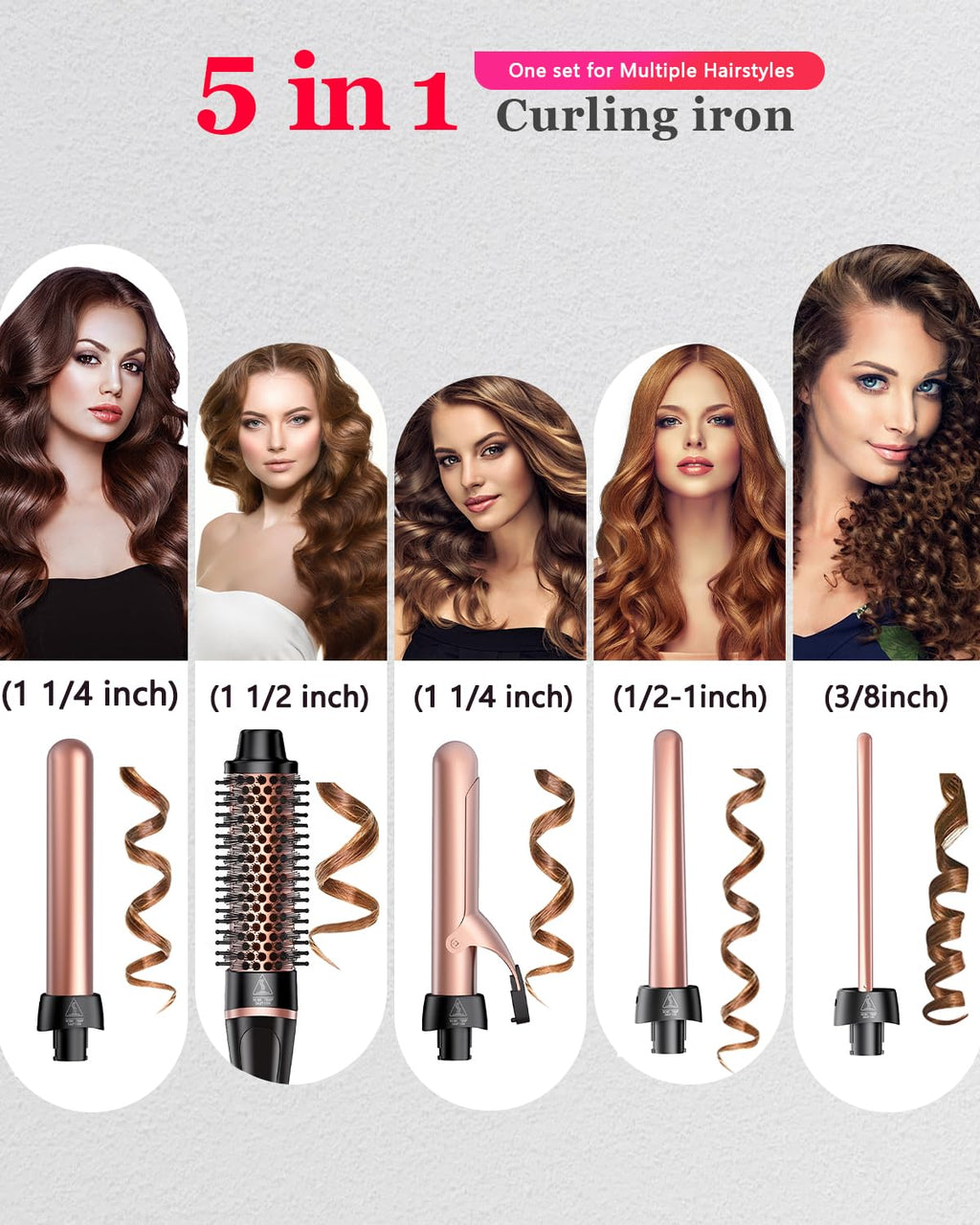 []5 in 1 Curling Iron & Thermal Brush Set with 4 Interchangeable Ceramic Barrels (0.35”-1.25”) Fast Heat Dual Voltage Travel Hair Tools Birthday Gift for Women - Hair Curler Wand Kit for Curls & Blowout