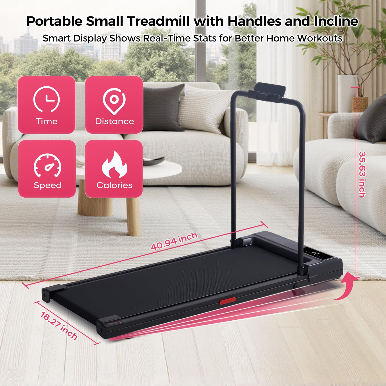 Walking Pad with Handle Bar, 2026 Upgrade Small Walking Pad Treadmill with Incline, 3.0HP Portable Under Desk Treadmill with Handles for Home Small, 0.6-7.6MPH, 350LBS.