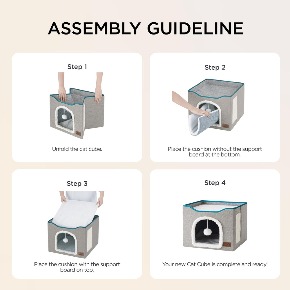 Cat Beds for Indoor Cats - Large Cat Cave for Pet Cat House with Fluffy Ball Hanging and Scratch Pad, Foldable Cat Hideaway, 16.5x16.5x13 inches, Grey