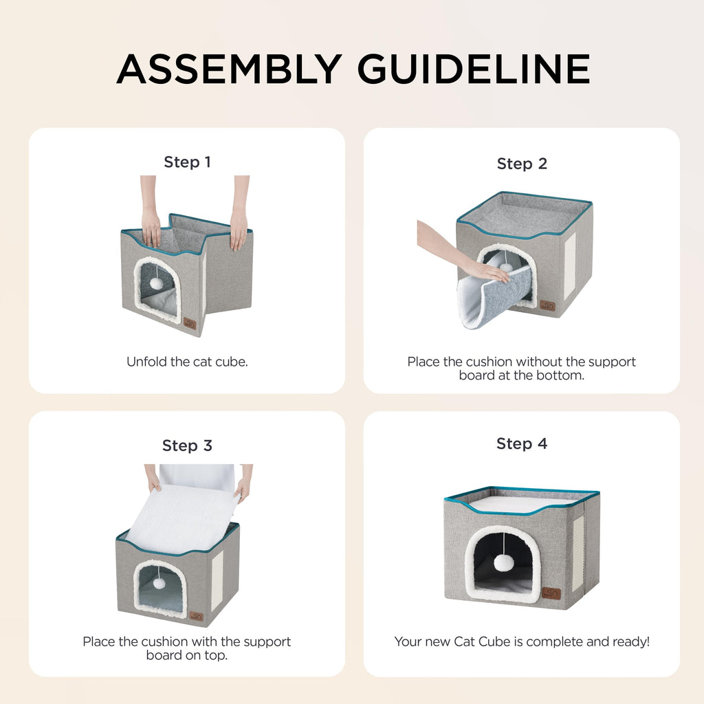 Cat Beds for Indoor Cats - Large Cat Cave for Pet Cat House with Fluffy Ball Hanging and Scratch Pad, Foldable Cat Hideaway, 16.5x16.5x13 inches, Grey