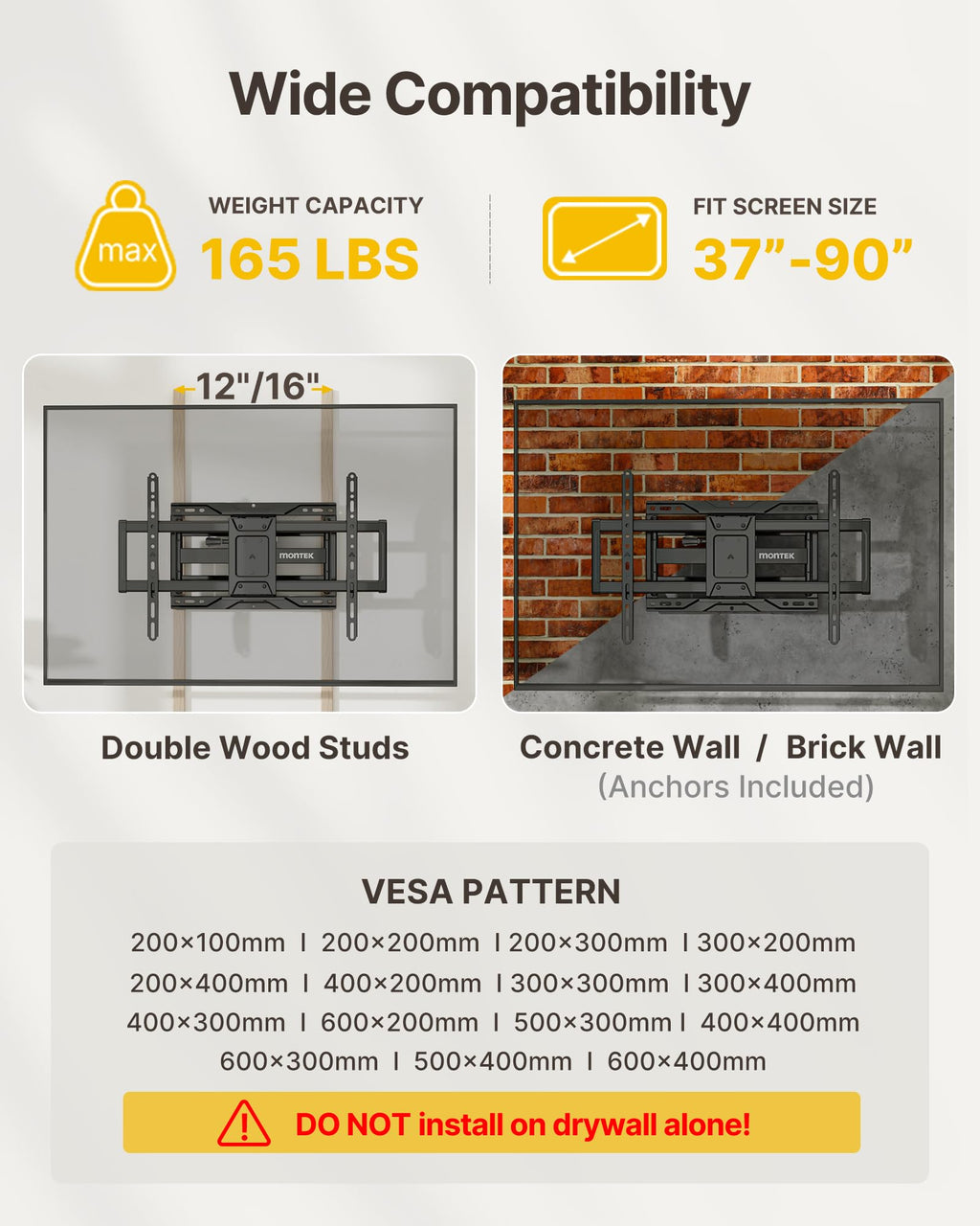 Heavy Duty TV Wall Mount for 37-90 inch TV up to 165lbs, 4X Load Tested, Full Motion with Dual Articulating Arms, Tool-Free Tilt, Swivel & Extend, VESA 200x100 to 600x400, Fits 12“/16" Studs
