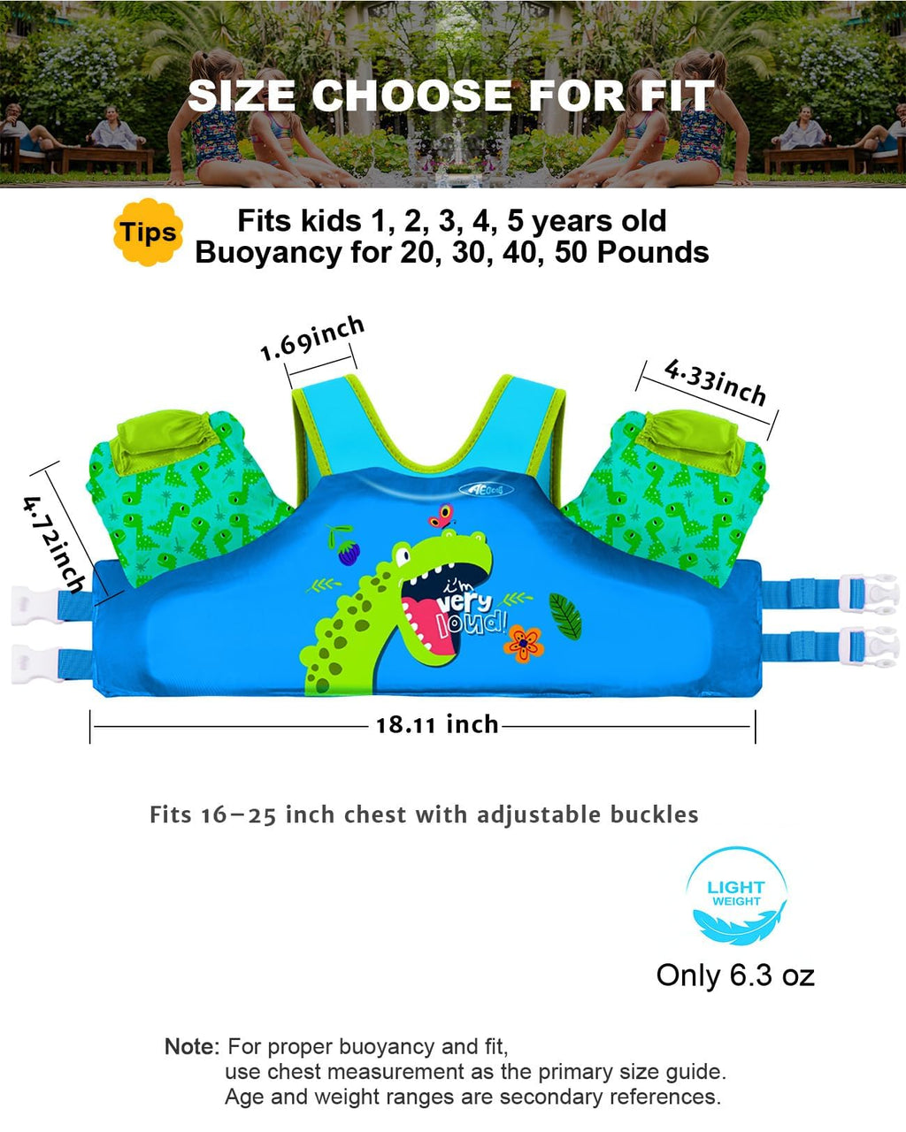 Puddle Float Jumper 20-30-50 Pounds, Toddler Swim Vest for 1-3-5 Years Old, Pool Floats with Swimming Arm Floaties Swim Jacket with Water Wings for Kids Swimmies, Boys, Girls, Niños, Dinosaur