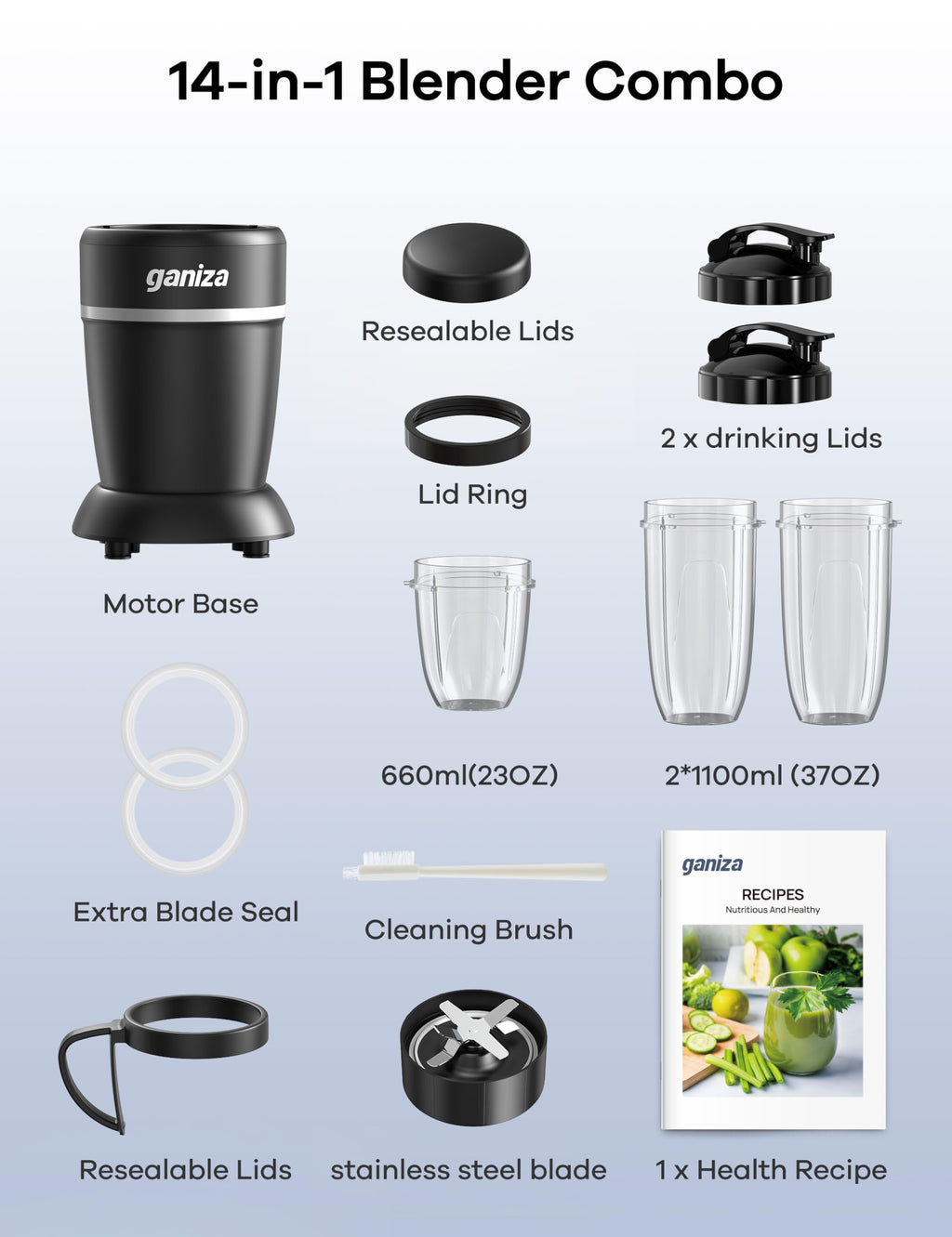 Smoothie Blender, Max 1300 Watt Personal Blender and Grinder Combo for Kitchen, Portable Maker for Smoothies, Shakes, Frozen Drinks, Sauces with 6-Leaf Blade, 23 oz, (2) 37 oz To-Go Cups