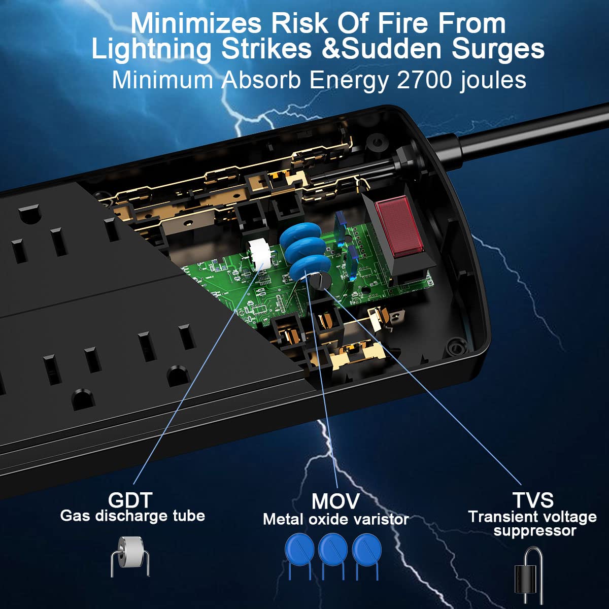 Surge Protector Power Strip - Nuetsa Flat Plug Extension Cord with 8 Outlets and 4 USB Ports, 6 Feet Power Cord, 2700 Joules, ETL Listed, Black