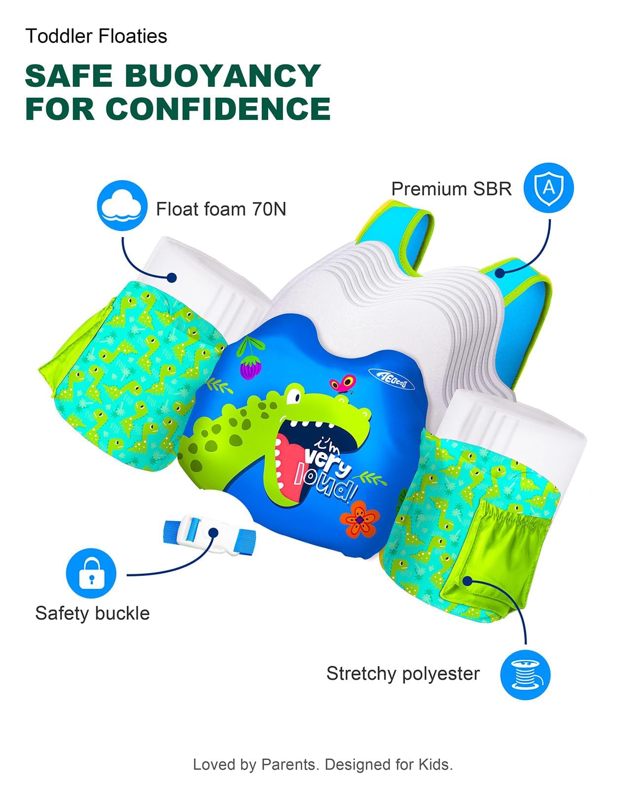 Puddle Float Jumper 20-30-50 Pounds, Toddler Swim Vest for 1-3-5 Years Old, Pool Floats with Swimming Arm Floaties Swim Jacket with Water Wings for Kids Swimmies, Boys, Girls, Niños, Dinosaur