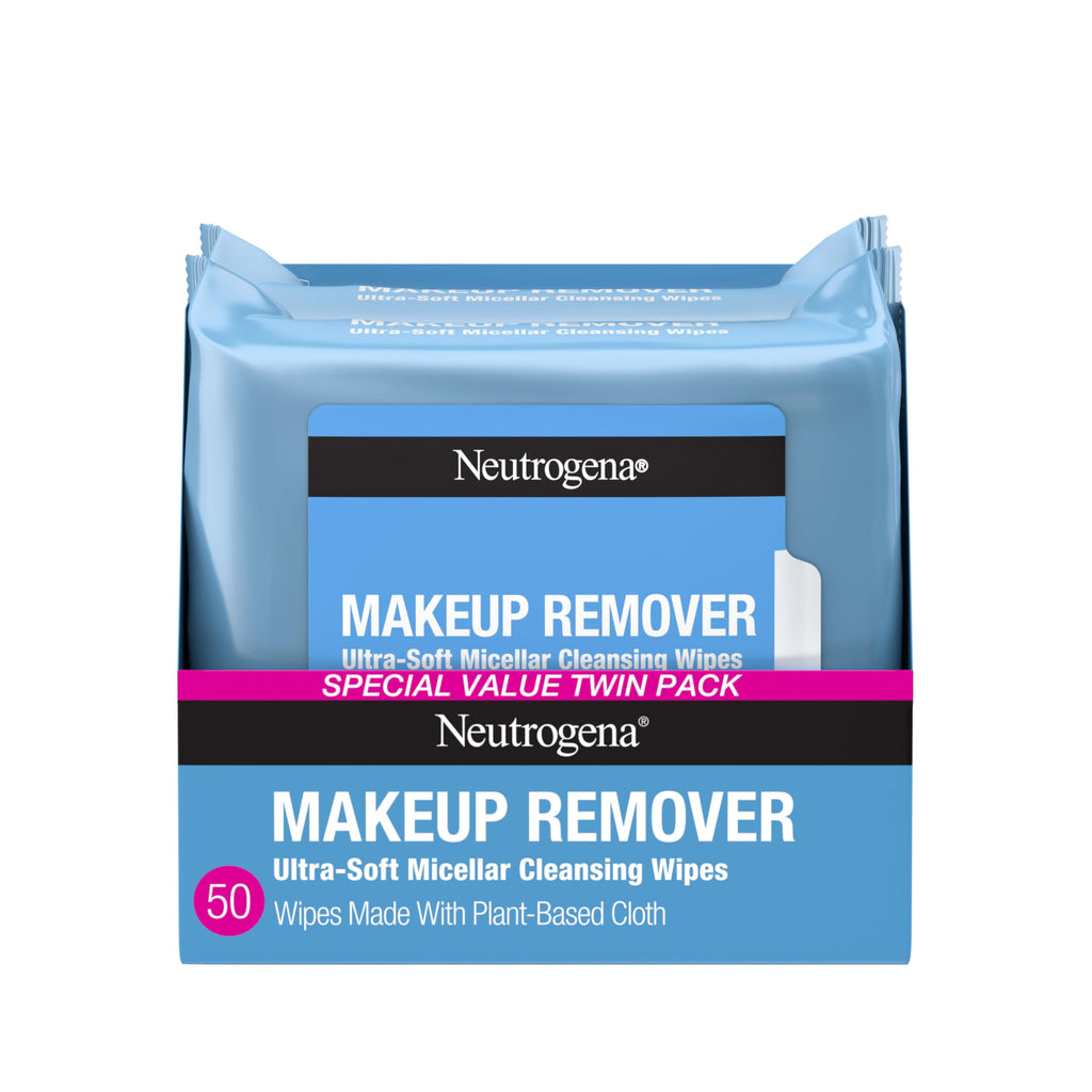 Makeup Remover Wipes Micellar Alcohol-Free Face Towelettes Remove Waterproof Mascara & Oil, Compostable 100% Plant-Based Cloth, Dermatologist & Ophthalmologist Tested, Twin Pack 2 x 25 ct