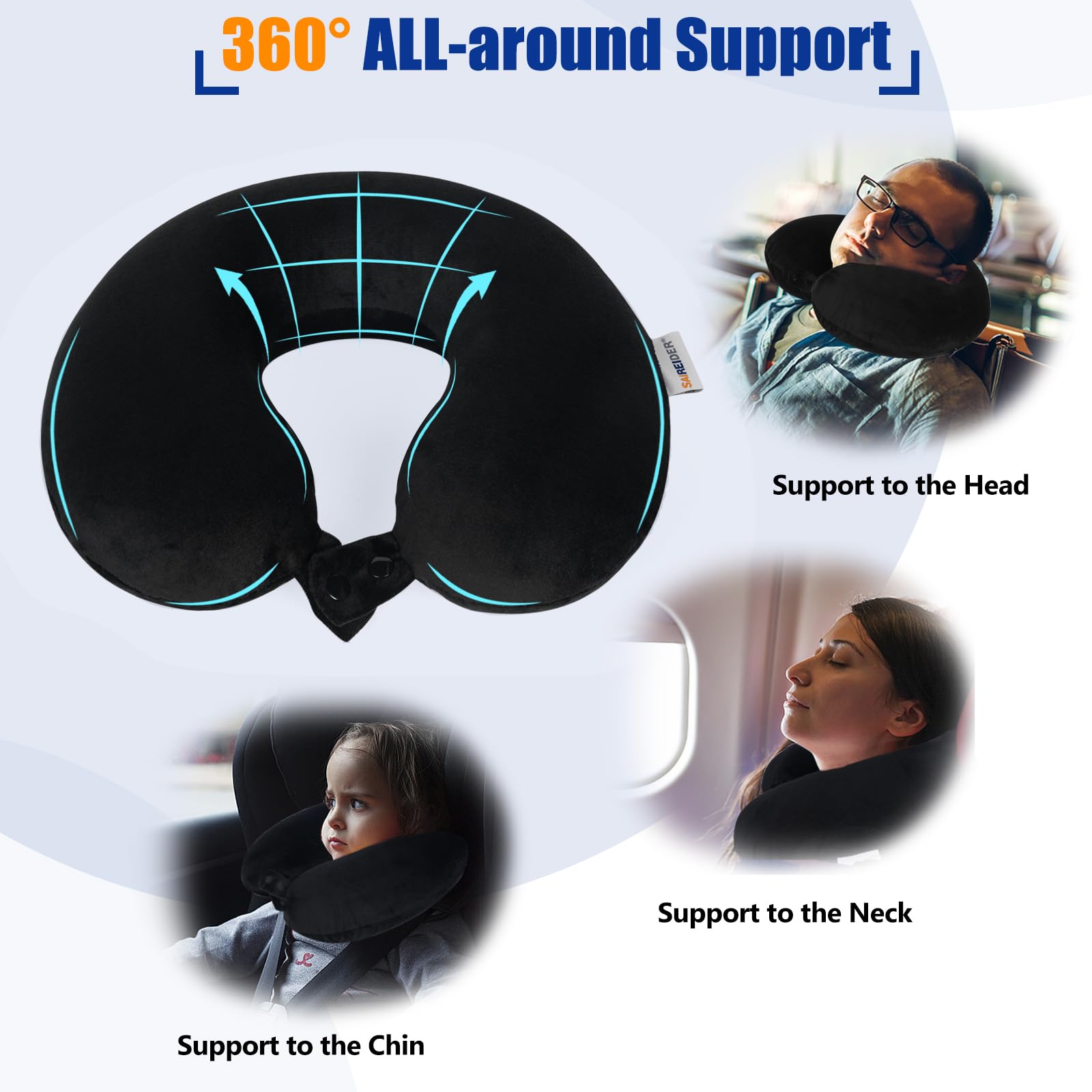 Travel Pillow 100% Pure Memory Foam Travel Neck Pillow, Airplane Pillow for Traveling、Car、Home、Office，Washable Cover（Black）