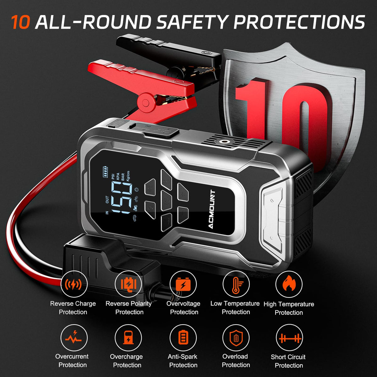 Acmount D18 Jump Starter with Air Compressor, 6000A Car Battery Jumper Starter Portable(All Gas/10.0L Diesel), 150PSI Tire Inflator Air Pump, 12V Jump Pack, Car Emergency Kit, Car Gift for Man
