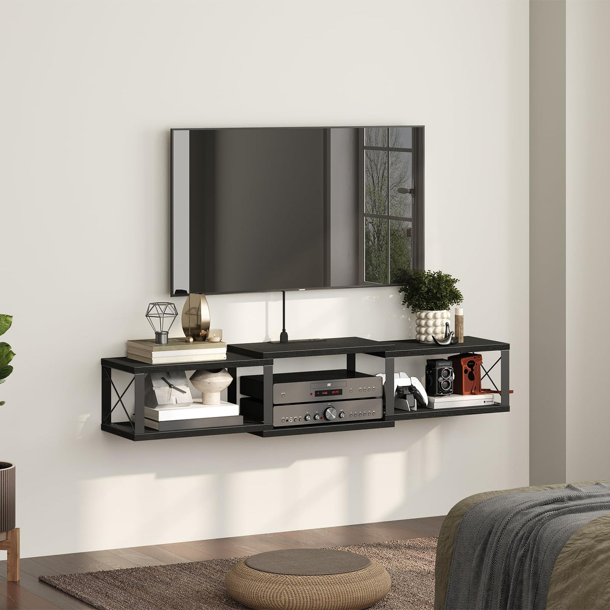 MAHANCRIS 43.7” Floating TV Stand with Power Outlet, Wall-Mounted Entertainment Center, Floating Metal Frame Media Console Shelf for Under TV Storage, for Living Room, Bedroom, Black TVHB101E01