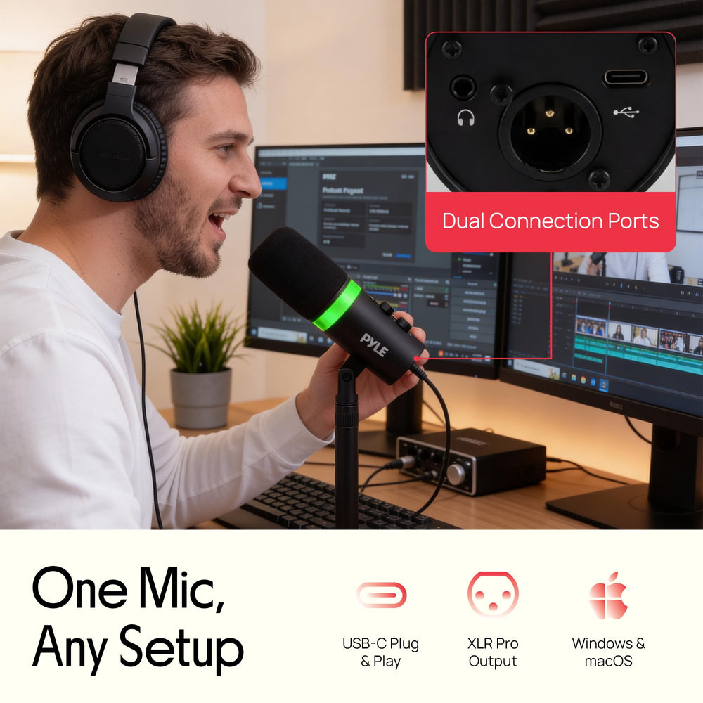 Dynamic USB/XLR Microphone for Podcasting, Streaming & Gaming, Cardioid Recording Mic with RGB Lighting, Mute Button, Zero-Latency Monitoring, Volume Control & Desktop Stand (PDMIC7B)