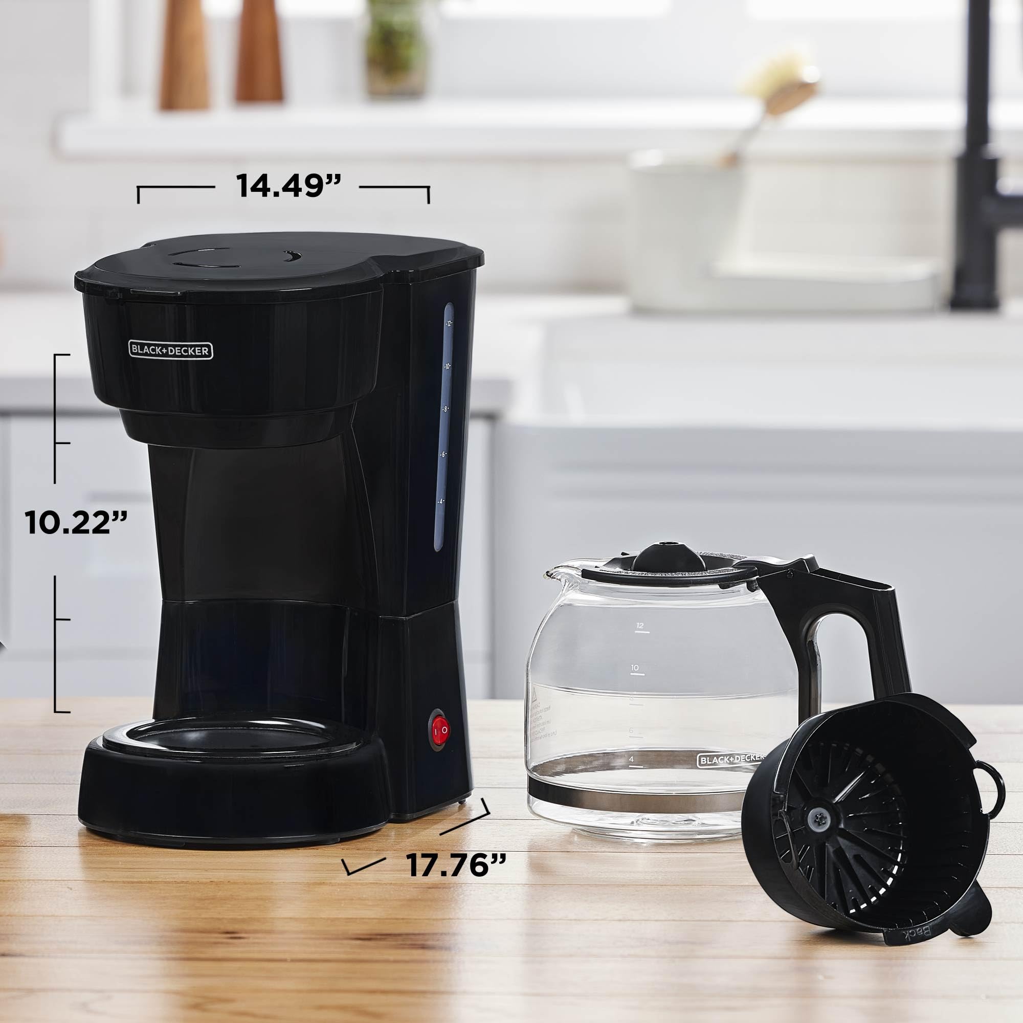12-Cup Coffee Maker with Easy On/Off Switch, Easy Pour, Non-Drip Carafe with Removable Filter Basket, Vortex Technology, Black