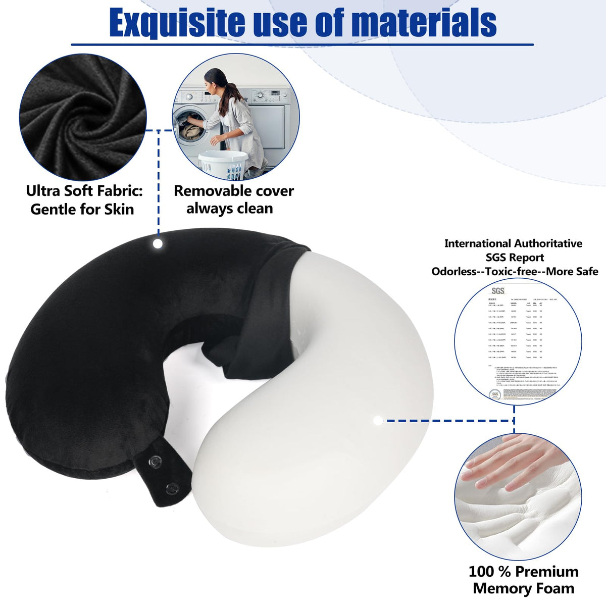 Travel Pillow 100% Pure Memory Foam Travel Neck Pillow, Airplane Pillow for Traveling、Car、Home、Office，Washable Cover（Black）