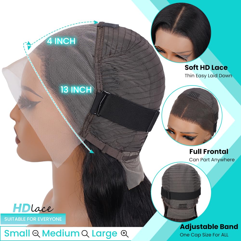 13x4 Body Wave Lace Front Wigs Human Hair Pre Plucked HD Transparent Lace Frontal Wig with Baby Hair 180% Density 9A Glueless Brazilian Human Hair Lace Front Wigs for Black Women Natural Black 28 Inch