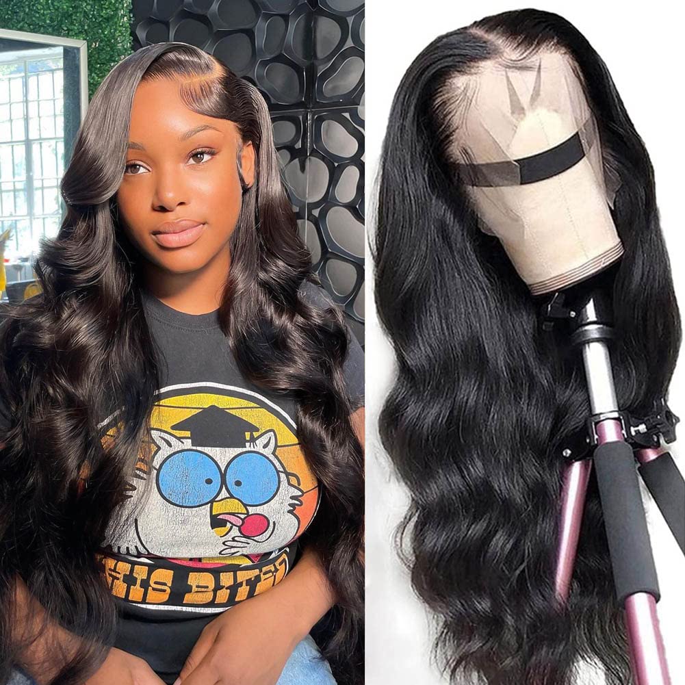 Body Wave Lace Front Wigs Human Hair Pre Plucked 13x4 HD Transparent Lace Frontal Wig with Baby 180% Density Brazilian Virgin Human Hair Lace Front Wigs for Women Natural Black Color 24 Inch