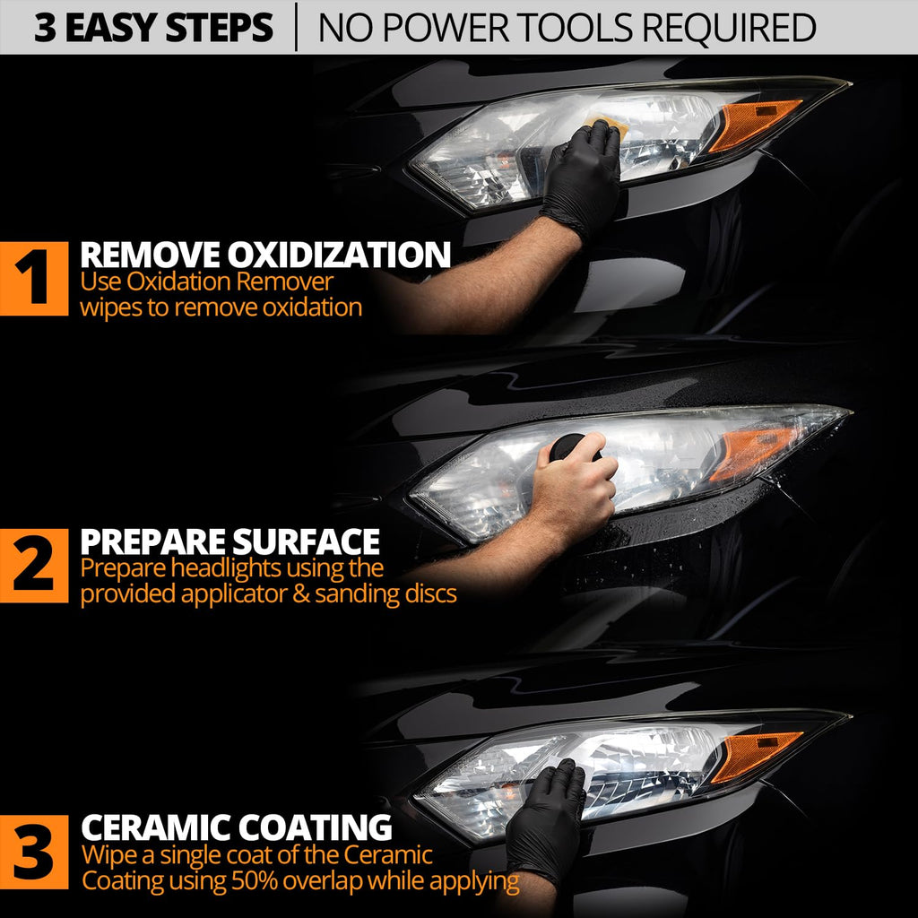 Ceramic Headlight Restoration Kit – Guaranteed To Last As Long As You Own Your Vehicle – Brings Headlights Back to Like New Condition - No Power Tools Required - 10 Wipe Kit