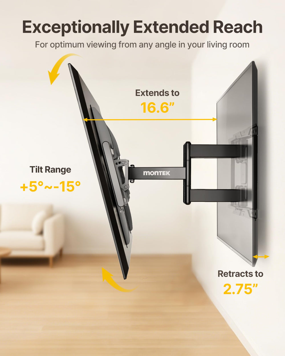 Heavy Duty TV Wall Mount for 37-90 inch TV up to 165lbs, 4X Load Tested, Full Motion with Dual Articulating Arms, Tool-Free Tilt, Swivel & Extend, VESA 200x100 to 600x400, Fits 12“/16" Studs