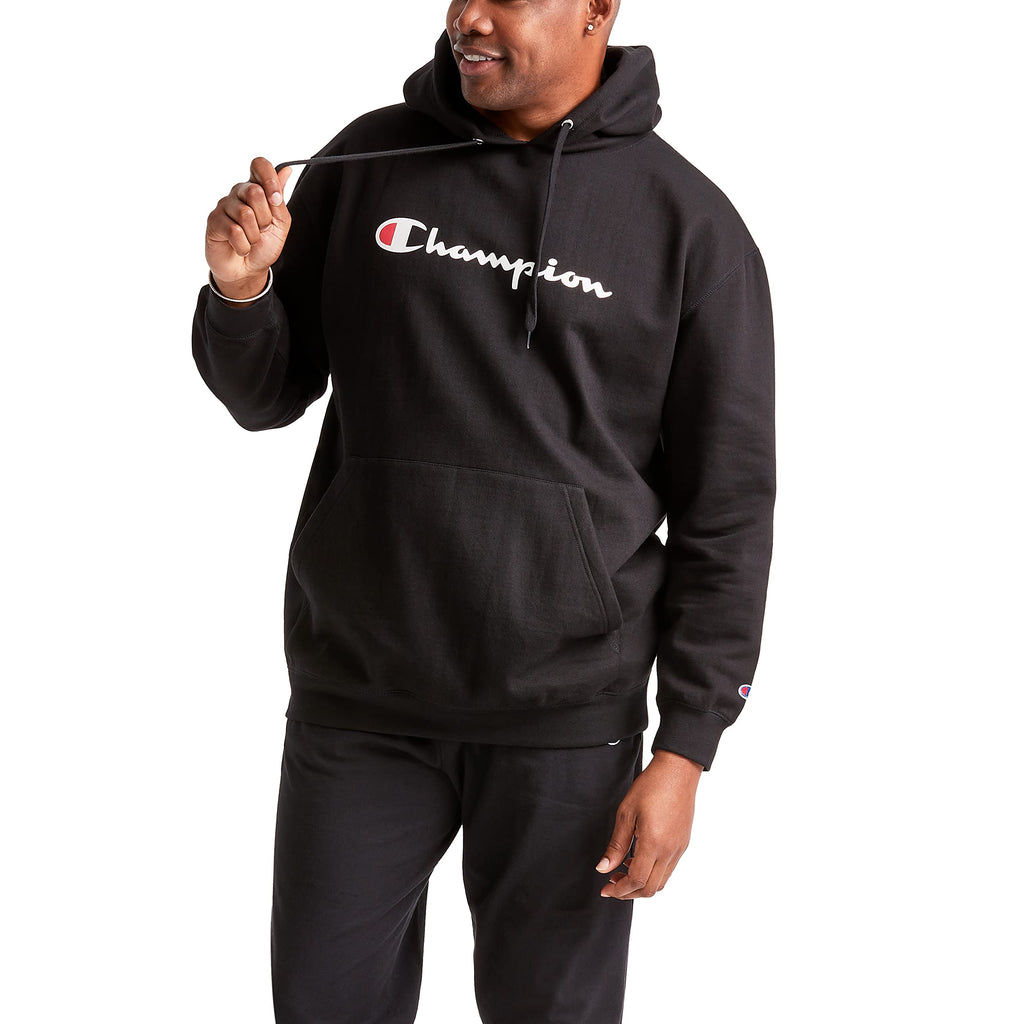 Champion Men's Pullover Graphic Fleece Hoodie, Standard Fit, Midweight Fleece, Classic Script Logo, Available in Regular and Big & Tall, Black, Large