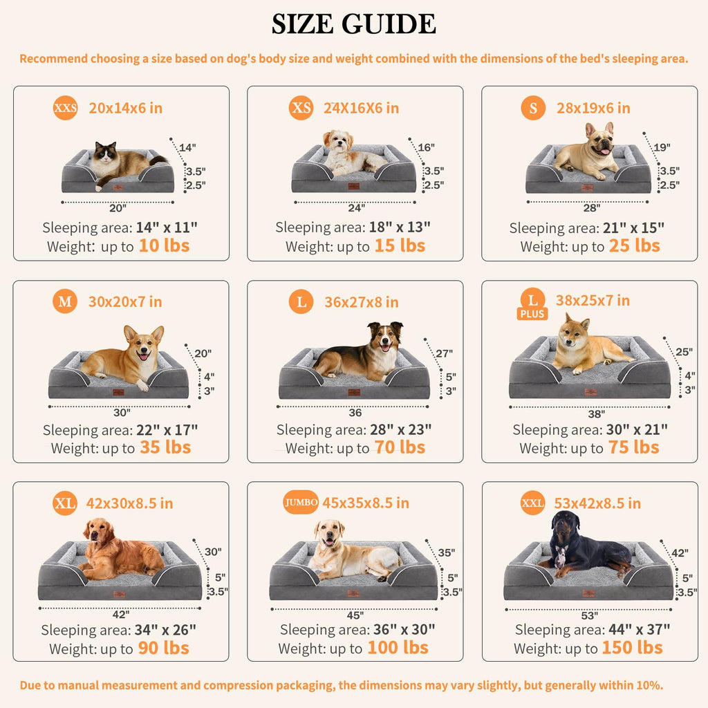 Orthopedic Dog Bed for Extra Large Dogs 42x30 Inch, Waterproof Egg Crate Foam XL Pet Bed with Removable Bolsters, Dog Couch with Washable Cover & Non-Slip Bottom, Grey