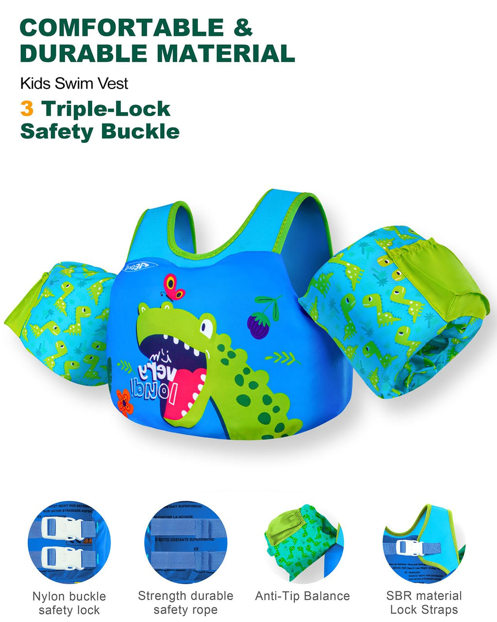 Puddle Float Jumper 20-30-50 Pounds, Toddler Swim Vest for 1-3-5 Years Old, Pool Floats with Swimming Arm Floaties Swim Jacket with Water Wings for Kids Swimmies, Boys, Girls, Niños, Dinosaur