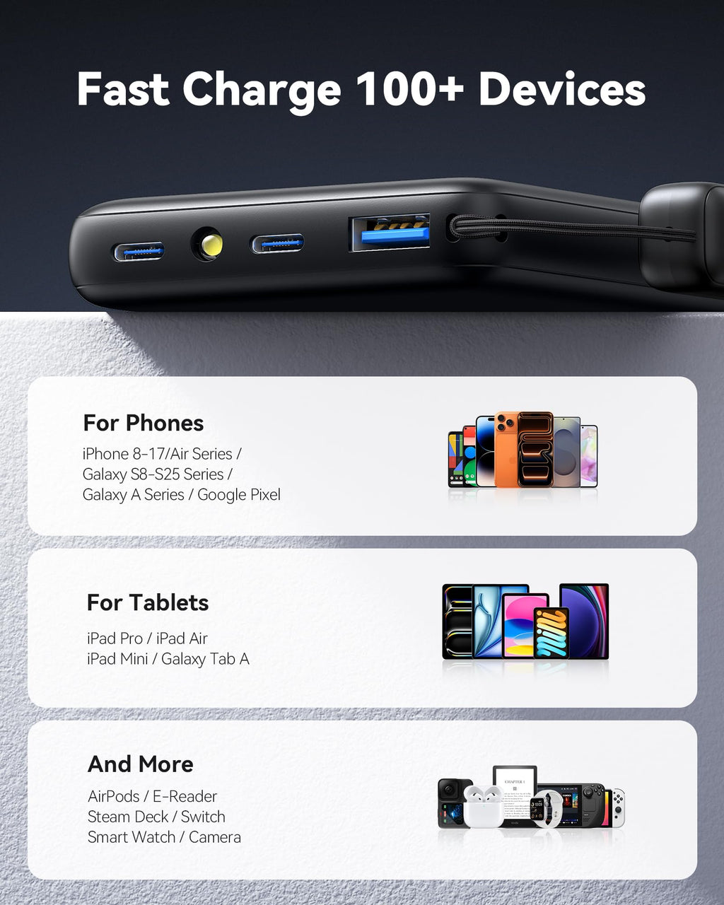 45W Fast Charging Portable Charger, 40% Smaller 10000mAh with Detachable Cable, Flight-Safe Travel Power Bank, USB C External Phone Battery Pack for iPhone 17 16 Pro iPad Samsung S26 Google etc