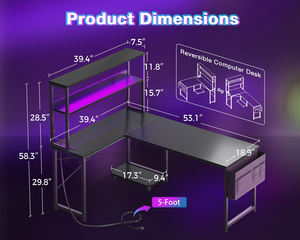 L Shaped Desk Gaming Desk with LED Light & Power Outlet, 53 Inch Reversible L Shaped Computer Table with Shelf & Storage Bag & Hook for Home Office, Black