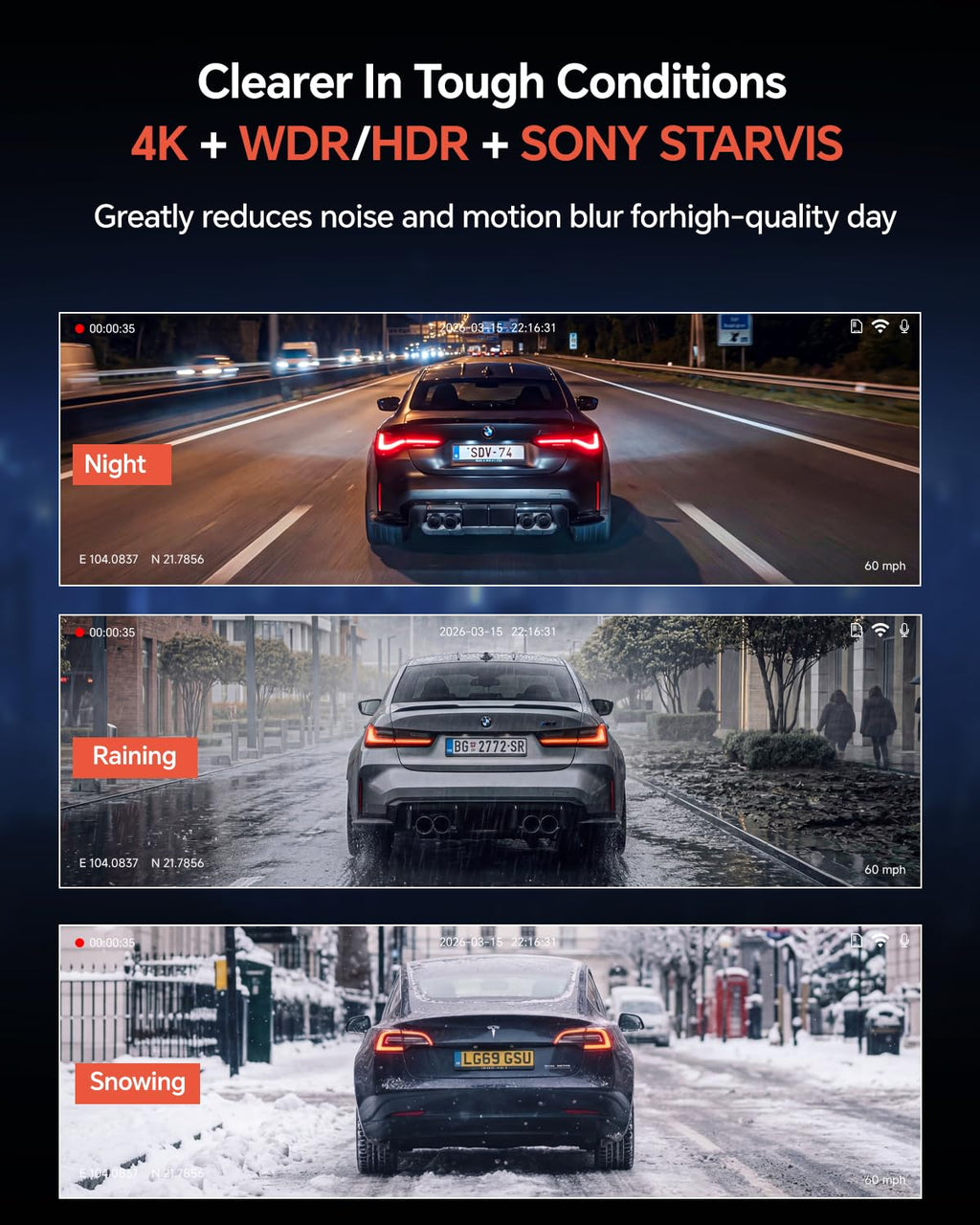 4K Dash Cam Front and Rear, STARVIS Sensor, Free 128GB Card Included, 5GHz WiFi-up to 20MB/s, Dual Dash Camera for Cars, Built-in GPS, G-Sensor, WDR/HDR Super Night Vision, 24H Parking Mode