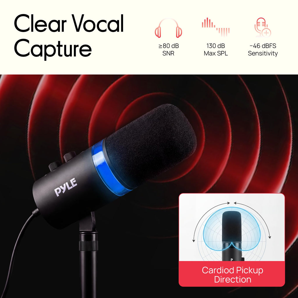 Pyle Dynamic USB/XLR Microphone for Podcasting, Streaming & Gaming, Cardioid Recording Mic with RGB Lighting, Mute Button, Zero-Latency Monitoring, Volume Control & Desktop Stand (PDMIC7B)