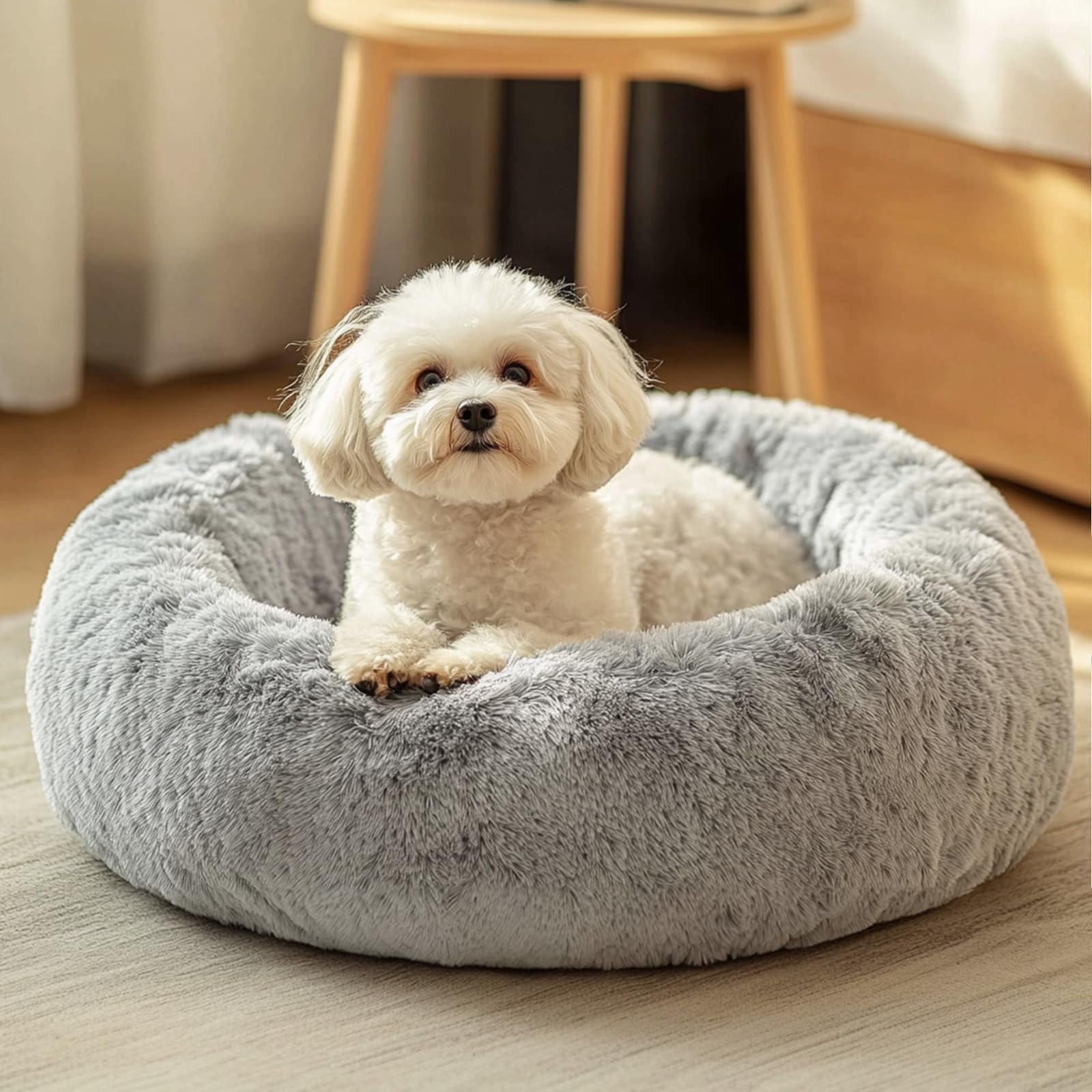 Small Dog Bed, Calming Soft Anti-Anxiety Donut Cat Bed, Washable Round Fluffy Cushion for Small and Medium Pets (20")