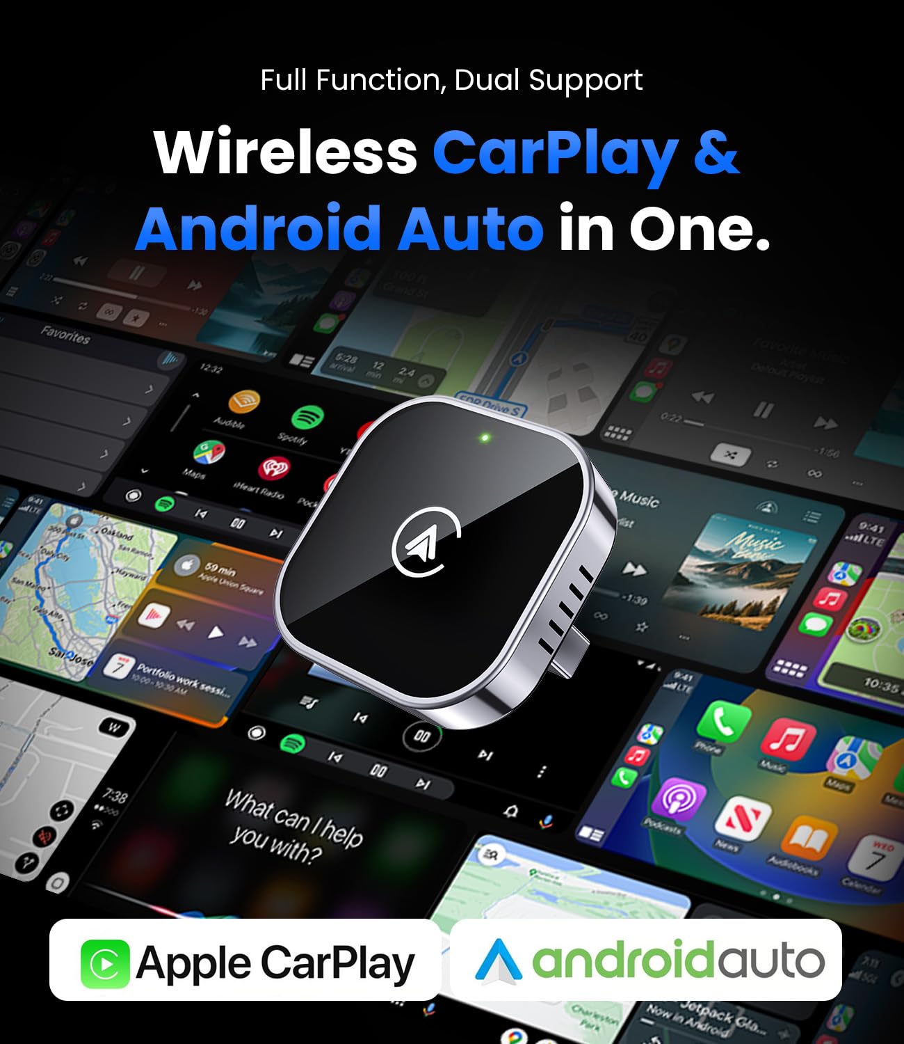 2 in 1 Wireless CarPlay and Android Auto Adapter, Easy Setup Plug and Play, Fast Seamless Use Supports 1000+ Car's with Built-in Wired Car Play/Android Auto, Compact Sleek Design Car Adapter
