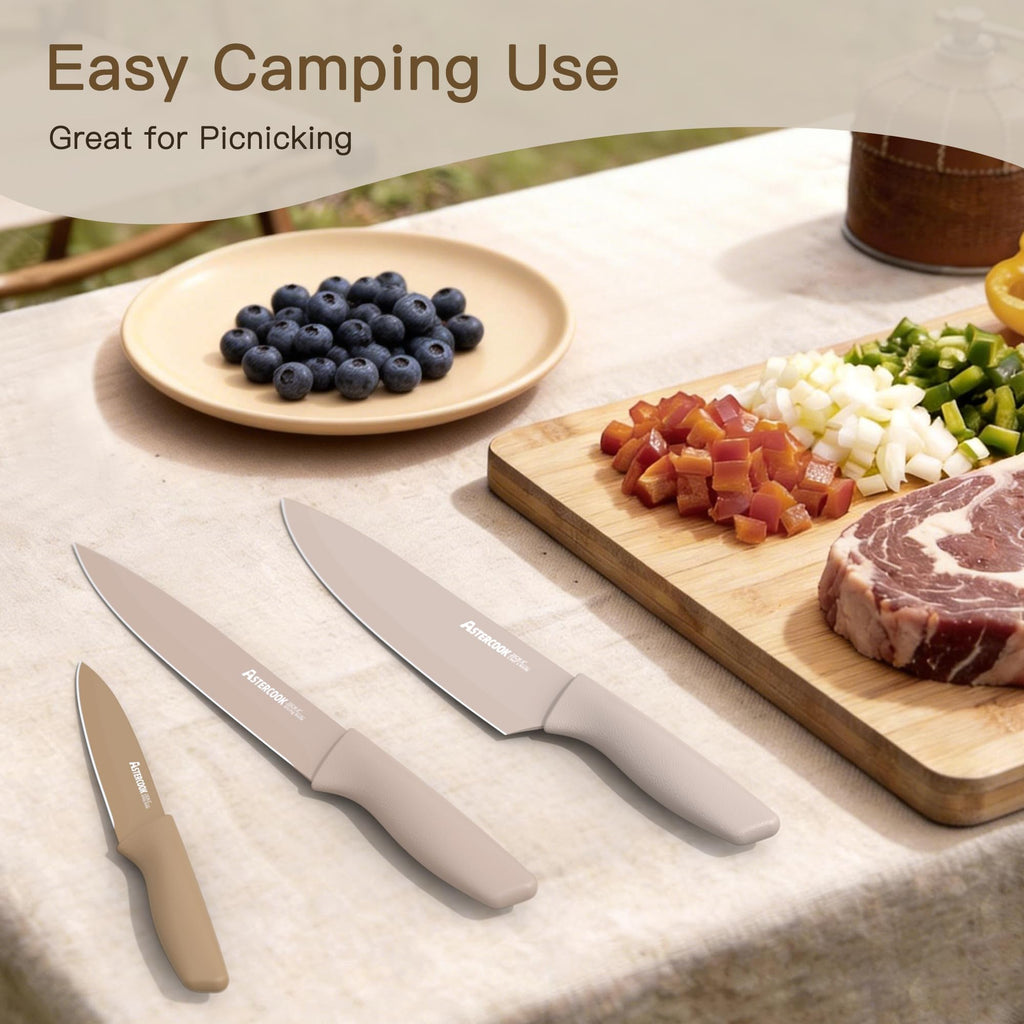 []Astercook Knife Set, 13 Pieces Kitchen Knives Set with Healthy Anti-Rust Coating, Dishwasher Safe, Stainless Steel Chef Knife Sets with 6 Blade Guards, Perfect Holiday Gifts for Kitchen