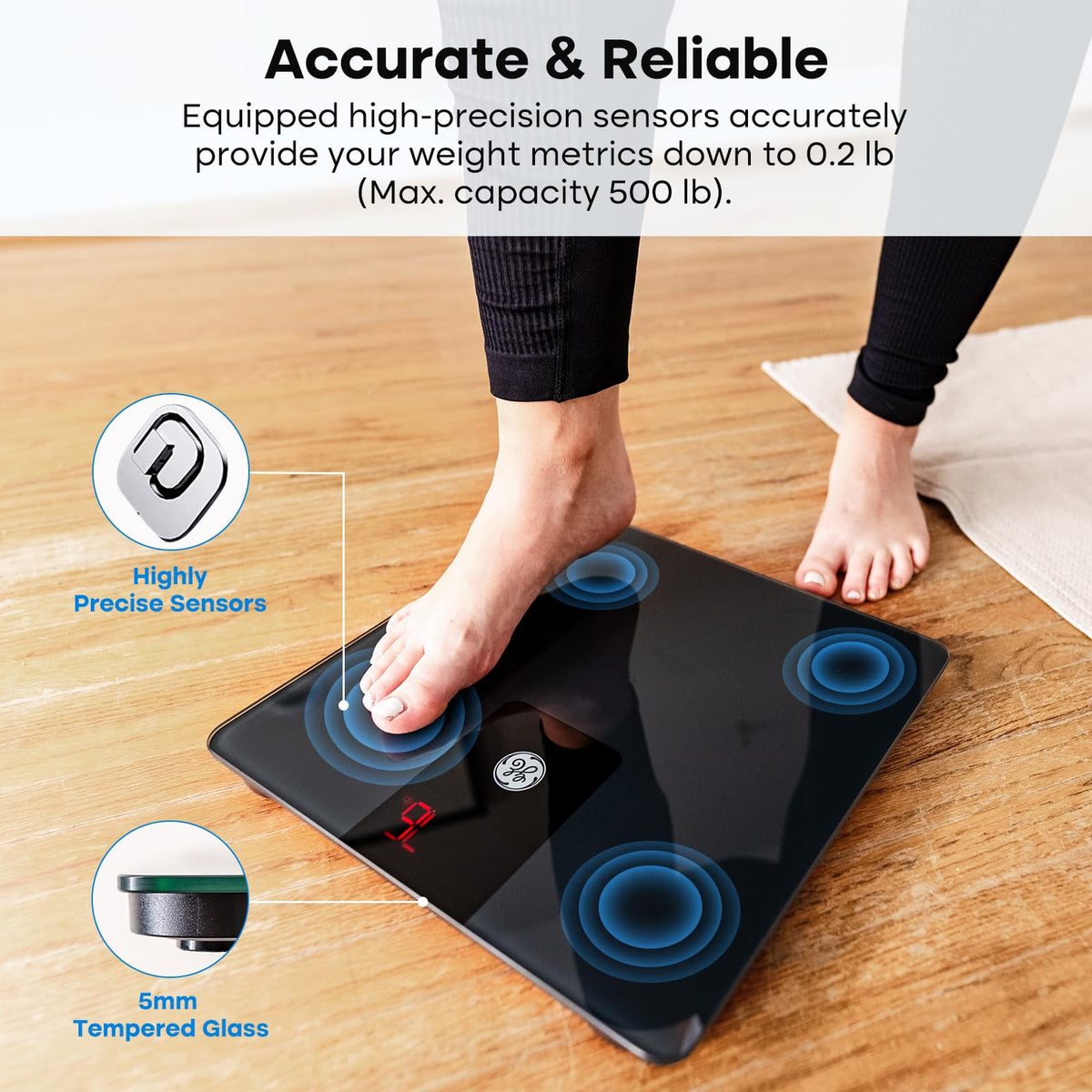 GE Bathroom Scale for Body Weight, Digital Weight Scales 500lb Heavy Duty Measuring Device for People Accurate BMI Weighing Machine with Bluetooth, Black