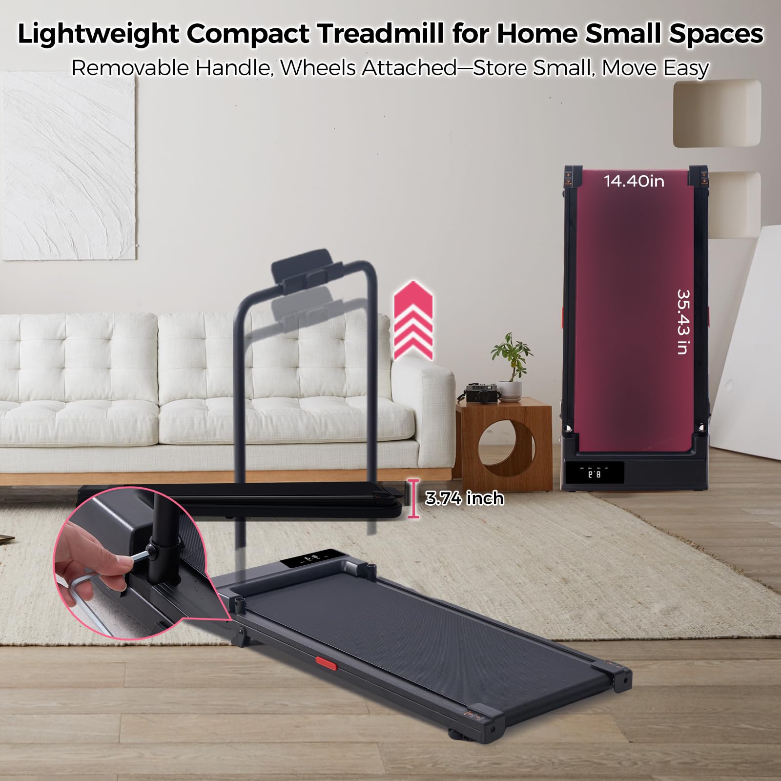 Walking Pad with Handle Bar, 2026 Upgrade Small Walking Pad Treadmill with Incline, 3.0HP Portable Under Desk Treadmill with Handles for Home Small, 0.6-7.6MPH, 350LBS.