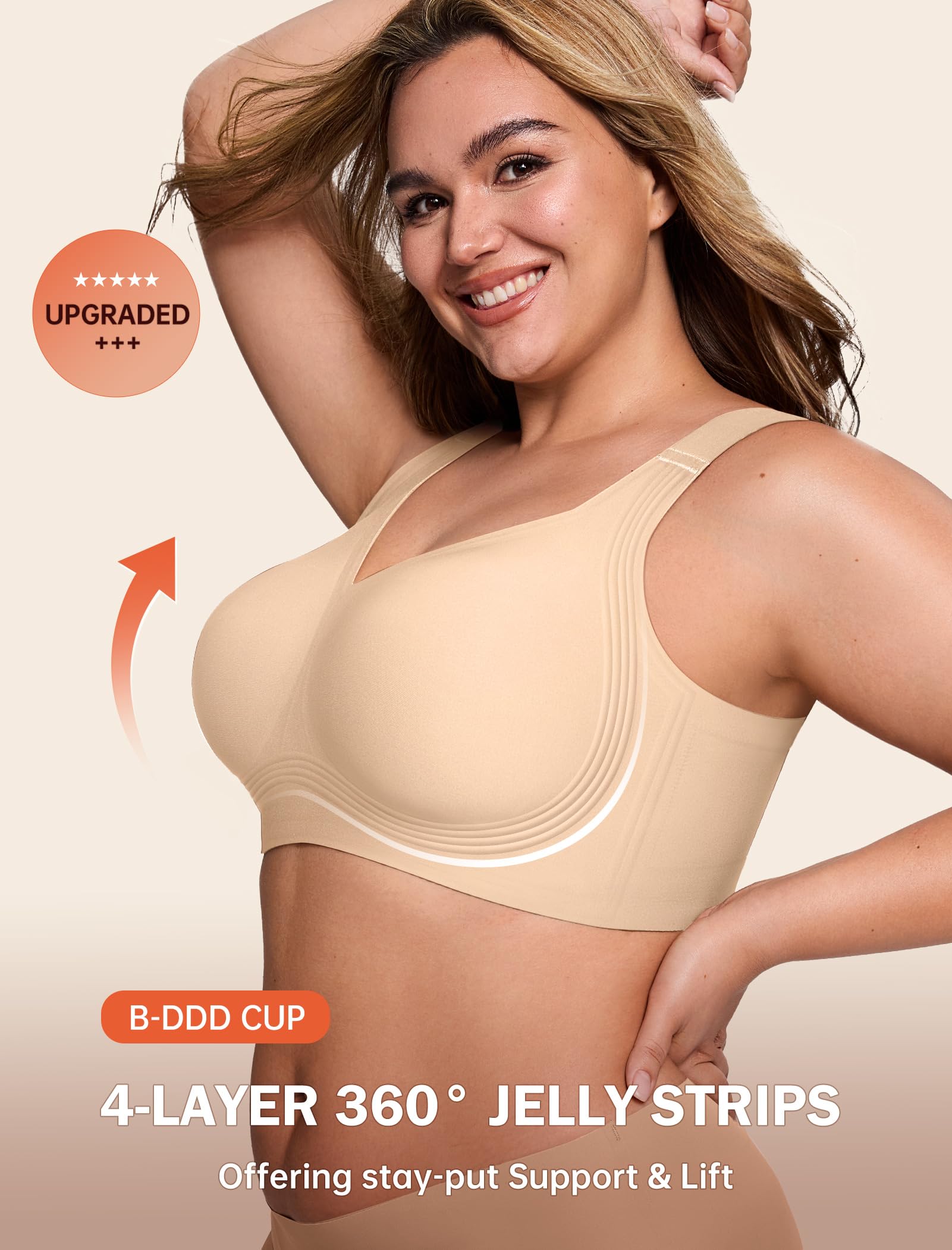 []LetsJoli Jelly Bras for Women Supportive Wireless Push Up Bra Full Coverage No Underwire Seamless Plus Size for Older Women（Nude,XL)