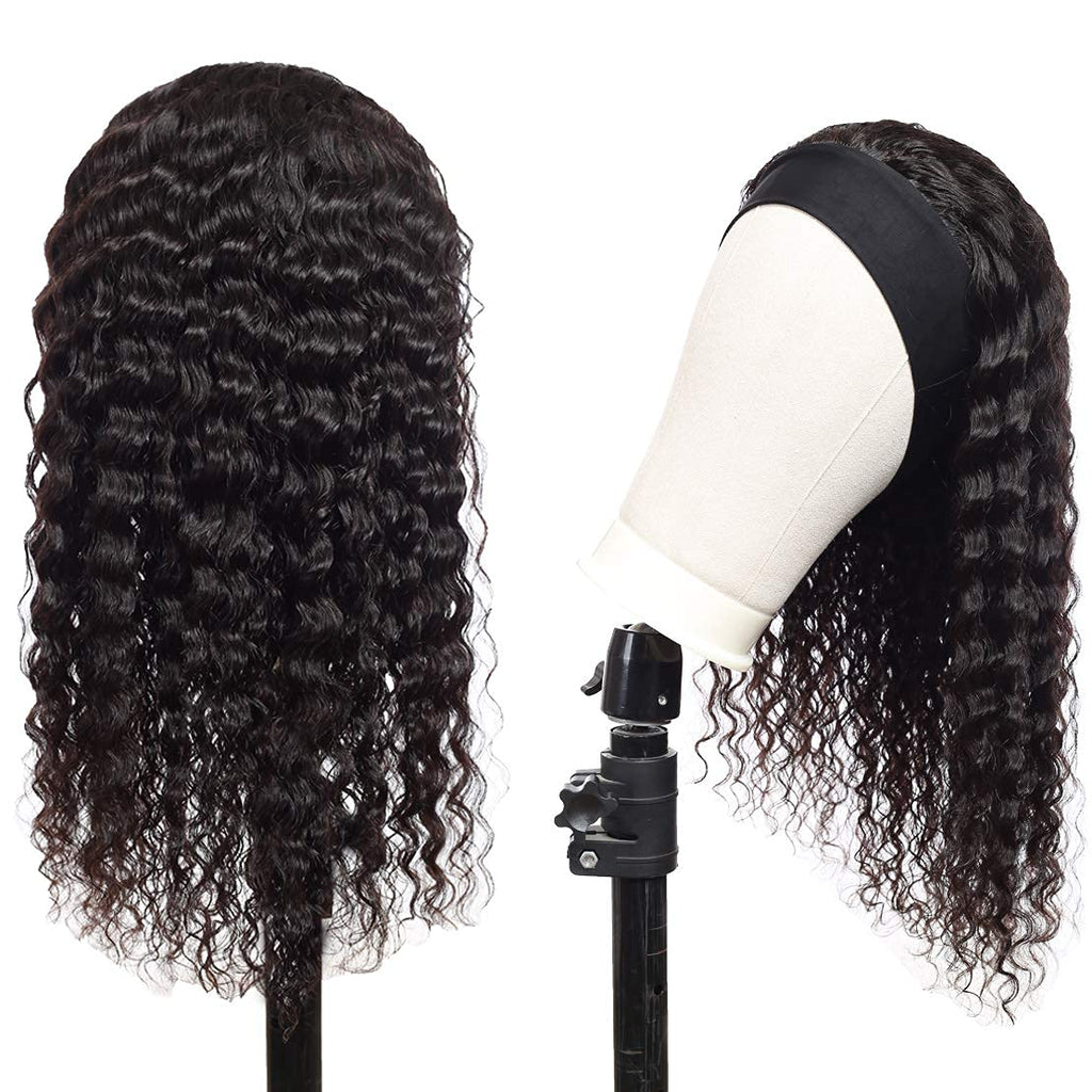 Celiarita Headband Wig Human Hair Deep Wave 18 inch None Lace Front Wig Human Hair Machine Made Wigs Glueless Curly Hair Headband Half Wigs for Black Women Human Hair Natural Color