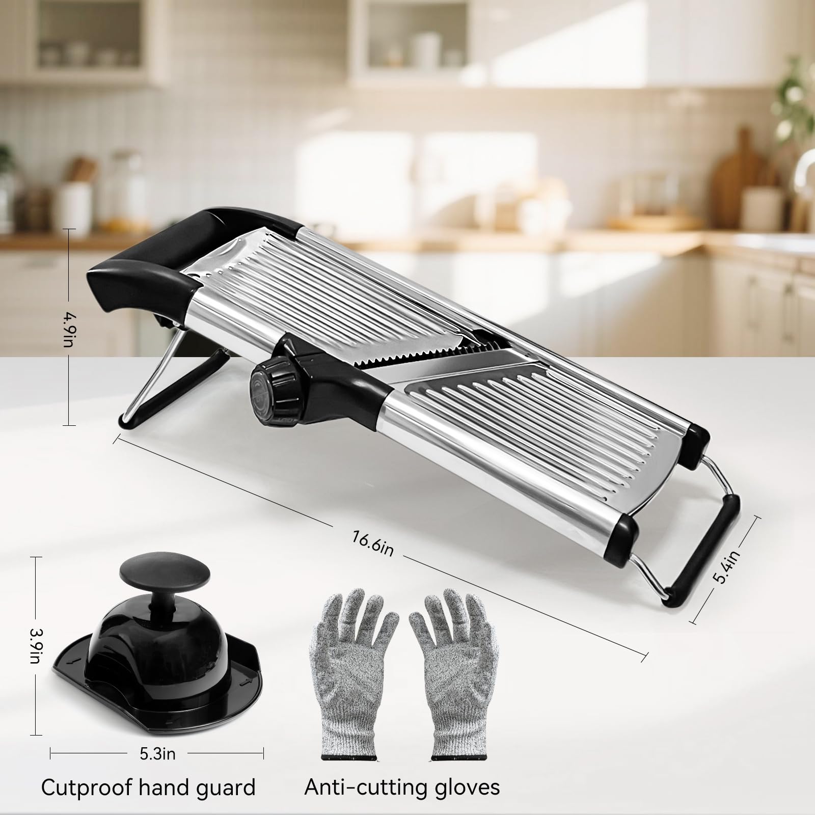 Mandoline Slicer for Kitchen, Adjustable Stainless Steel Vegetable Slicer with Safety Gloves & Food Holder, Potato Onion Tomato Julienne Cutter, Non-Slip Manual Mandolin-3