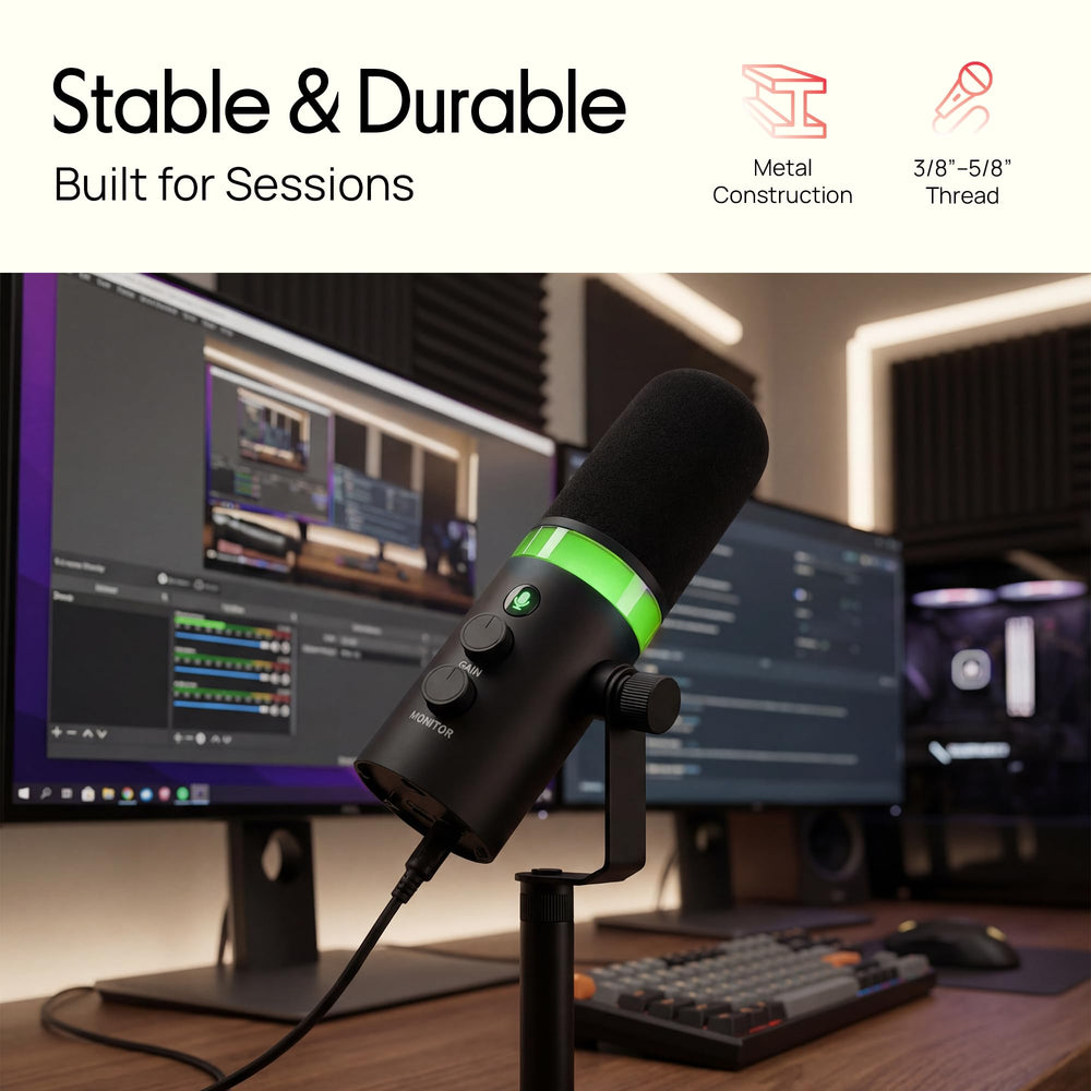 Dynamic USB/XLR Microphone for Podcasting, Streaming & Gaming, Cardioid Recording Mic with RGB Lighting, Mute Button, Zero-Latency Monitoring, Volume Control & Desktop Stand (PDMIC7B)