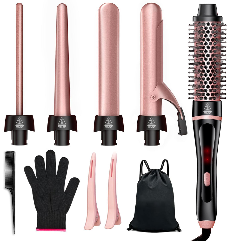 []5 in 1 Curling Iron & Thermal Brush Set with 4 Interchangeable Ceramic Barrels (0.35”-1.25”) Fast Heat Dual Voltage Travel Hair Tools Birthday Gift for Women - Hair Curler Wand Kit for Curls & Blowout