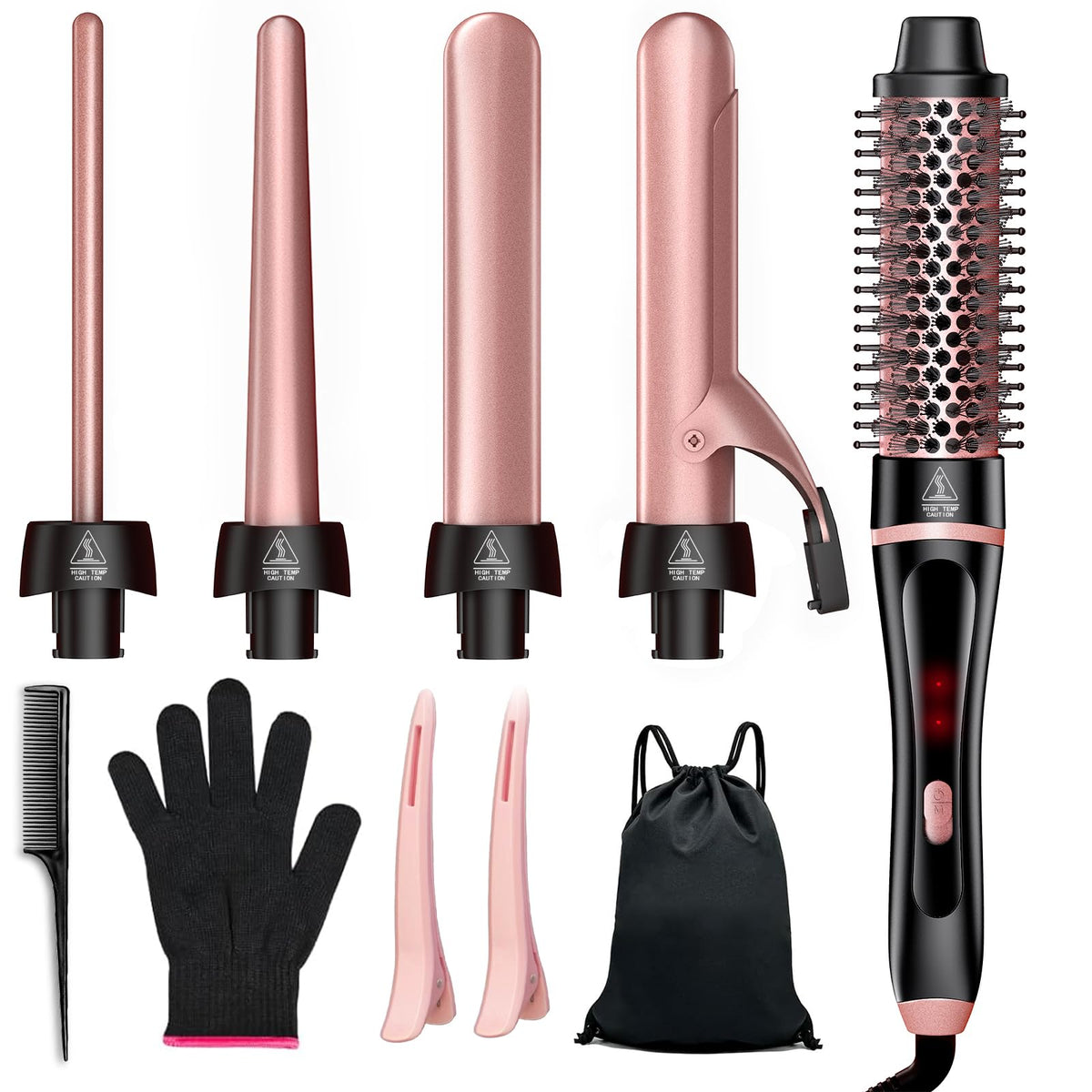 []5 in 1 Curling Iron & Thermal Brush Set with 4 Interchangeable Ceramic Barrels (0.35”-1.25”) Fast Heat Dual Voltage Travel Hair Tools Birthday Gift for Women - Hair Curler Wand Kit for Curls & Blowout