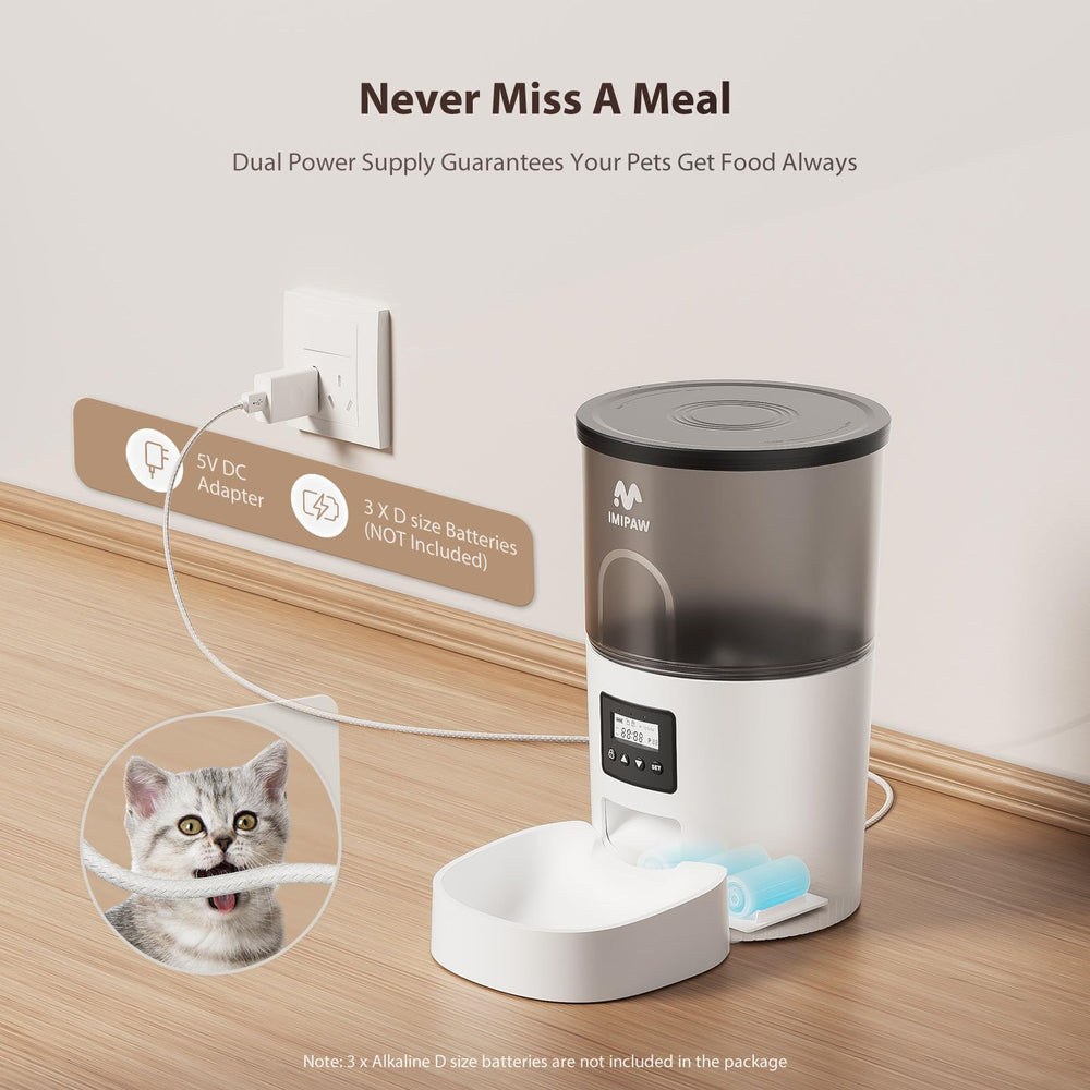 Automatic Cat Feeders, Timed Cat Dry Food Dispenser with Desiccant Bag, Dual Power Supply, Programmable Portion Size, 6 Meals, 20 Portions Per Day, Auto Pet Feeder for Cats and Small Dog, White