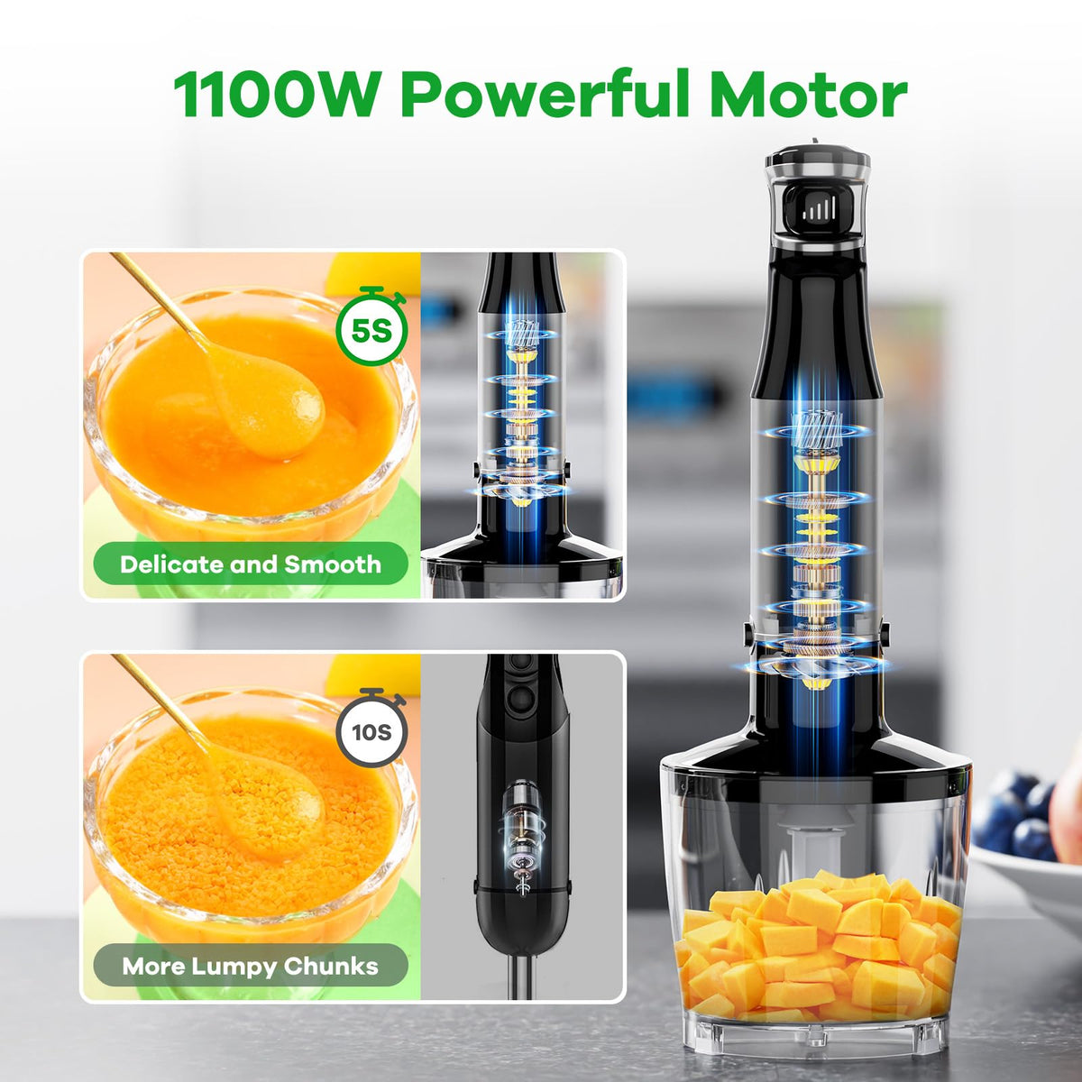 []Turelar Immersion Blender Handheld Corded Hand Blenders Set 1100W, Trigger Variable Speed 5 in 1 Stick Emulsifier with Chopper, Whisk and Frother for Soup, Baby Food and Smoothies,Black