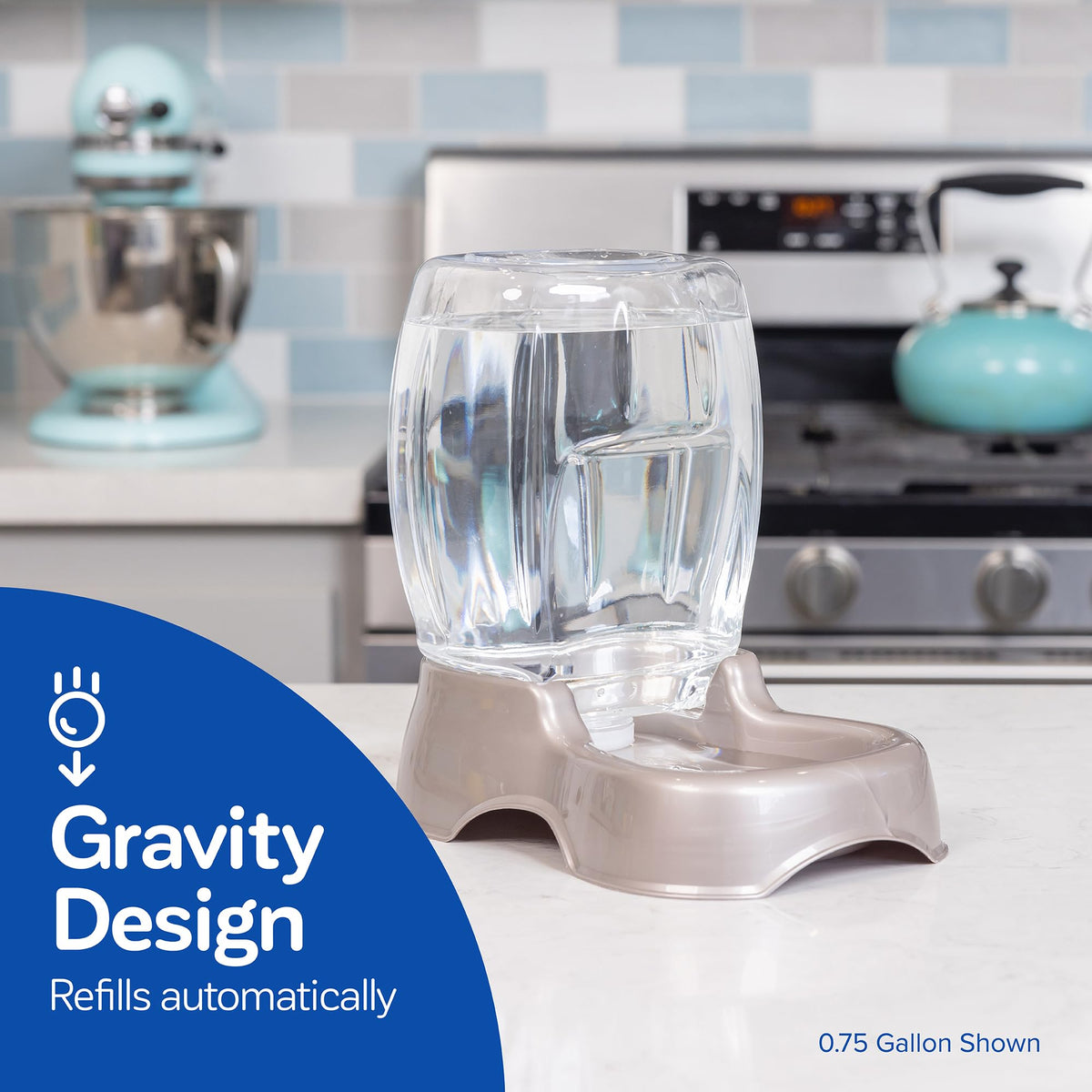 Pet Cafe Cat and Dog Gravity Water Dispenser - Water Bowl for Cats and Dogs, USA Made, 0.75 GAL, Pearl Gray