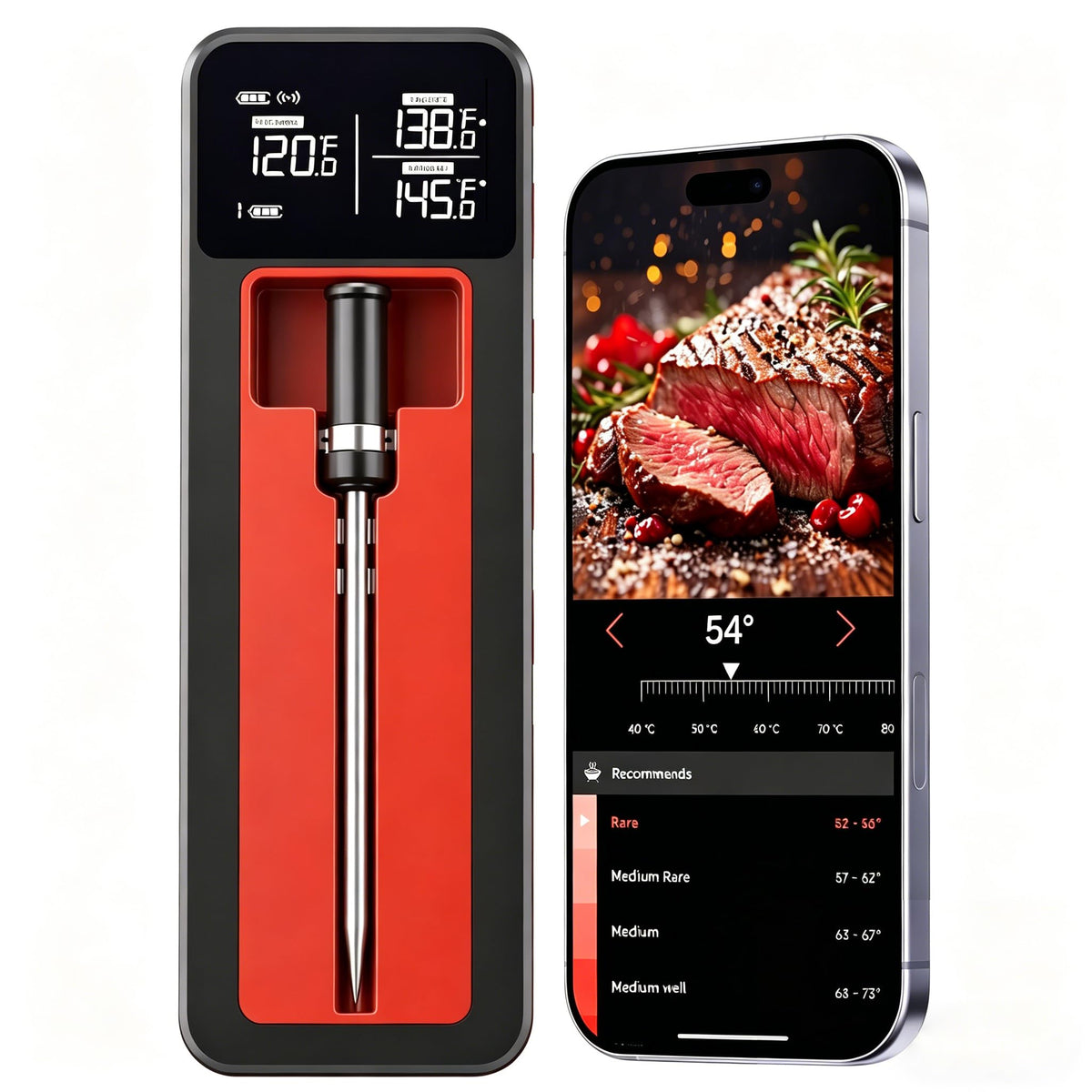 QUICKHORSE Smart Wireless Meat Thermometer IP67 Ultra-Thin Probe ±0.5℉ Accuracy Bluetooth 230ft Real-Time Monitoring & Smart Alerts with APP Standalone Display Base for BBQ, Oven, Kitchen,Grill,Smoker